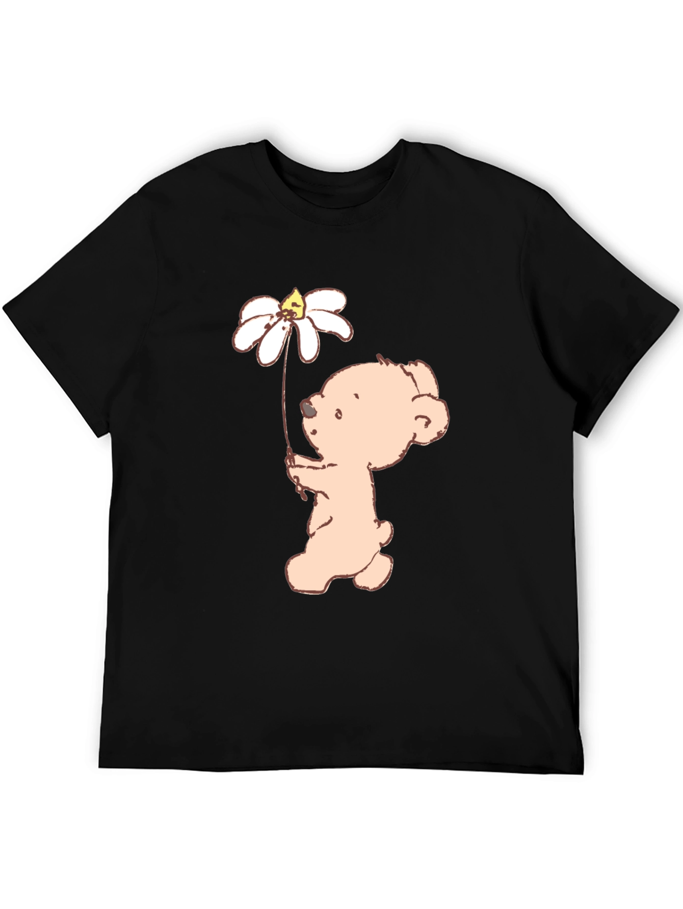 Cute Bear Holding Daisy Flower Black T-Shirt