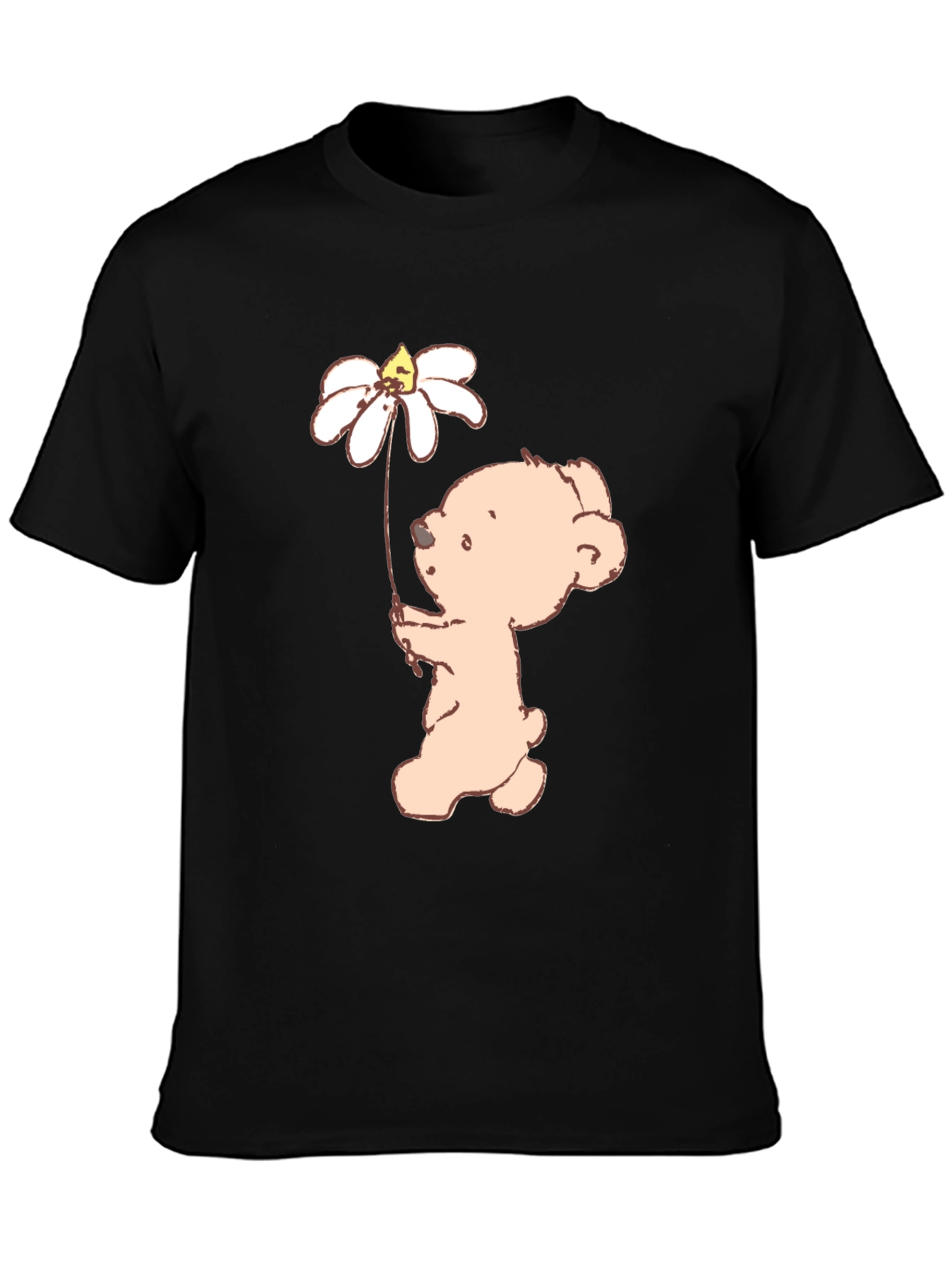Cute Bear Holding Daisy Flower Black T-Shirt