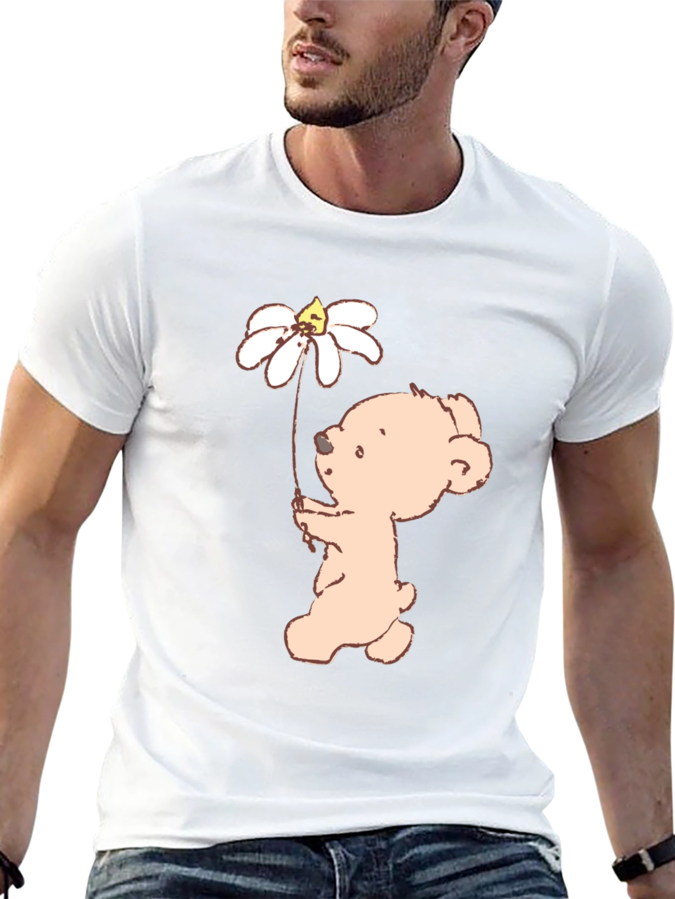 Cute Bear Holding Daisy Flower Black T-Shirt