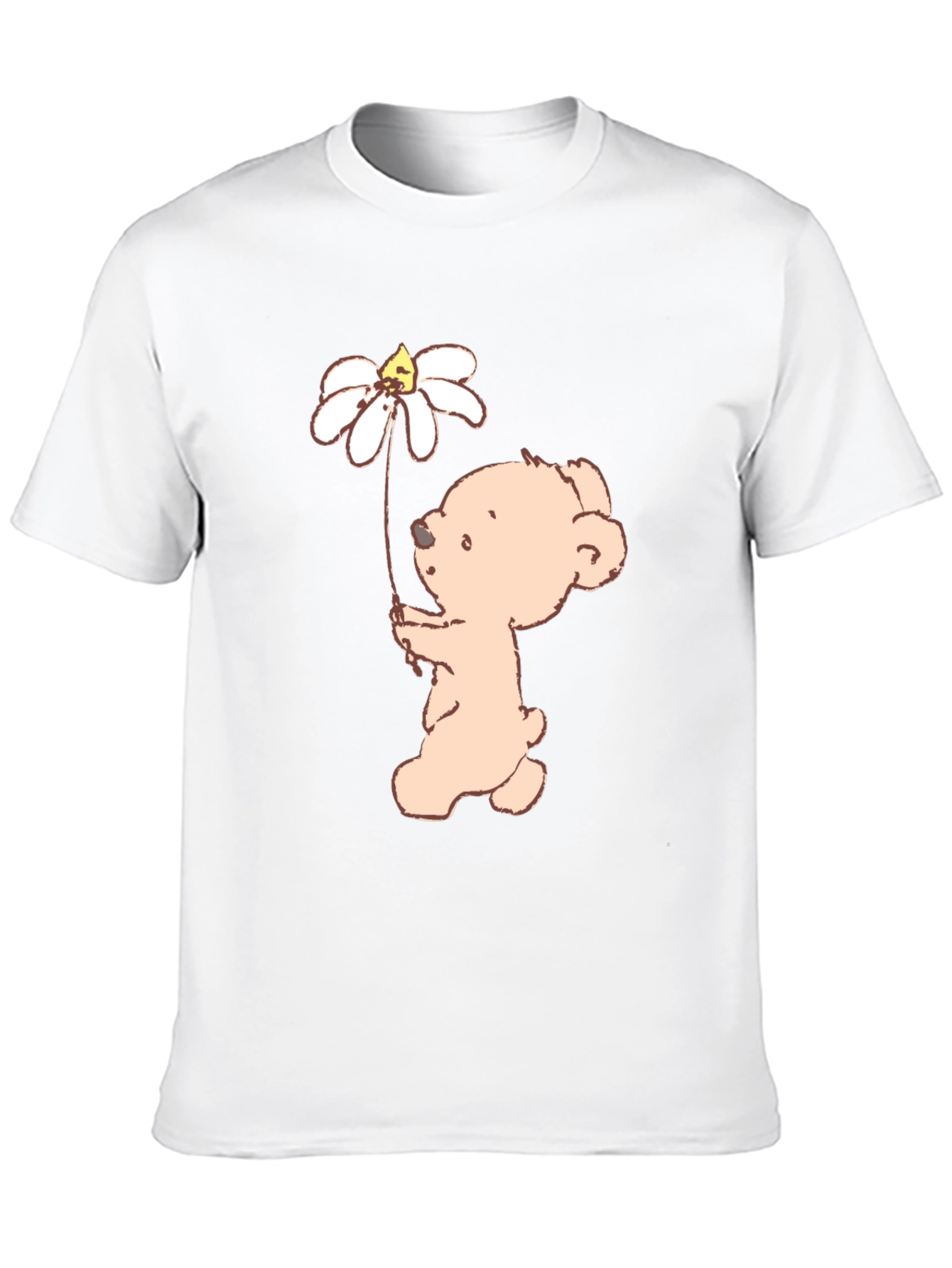 Cute Bear Holding Daisy Flower Black T-Shirt