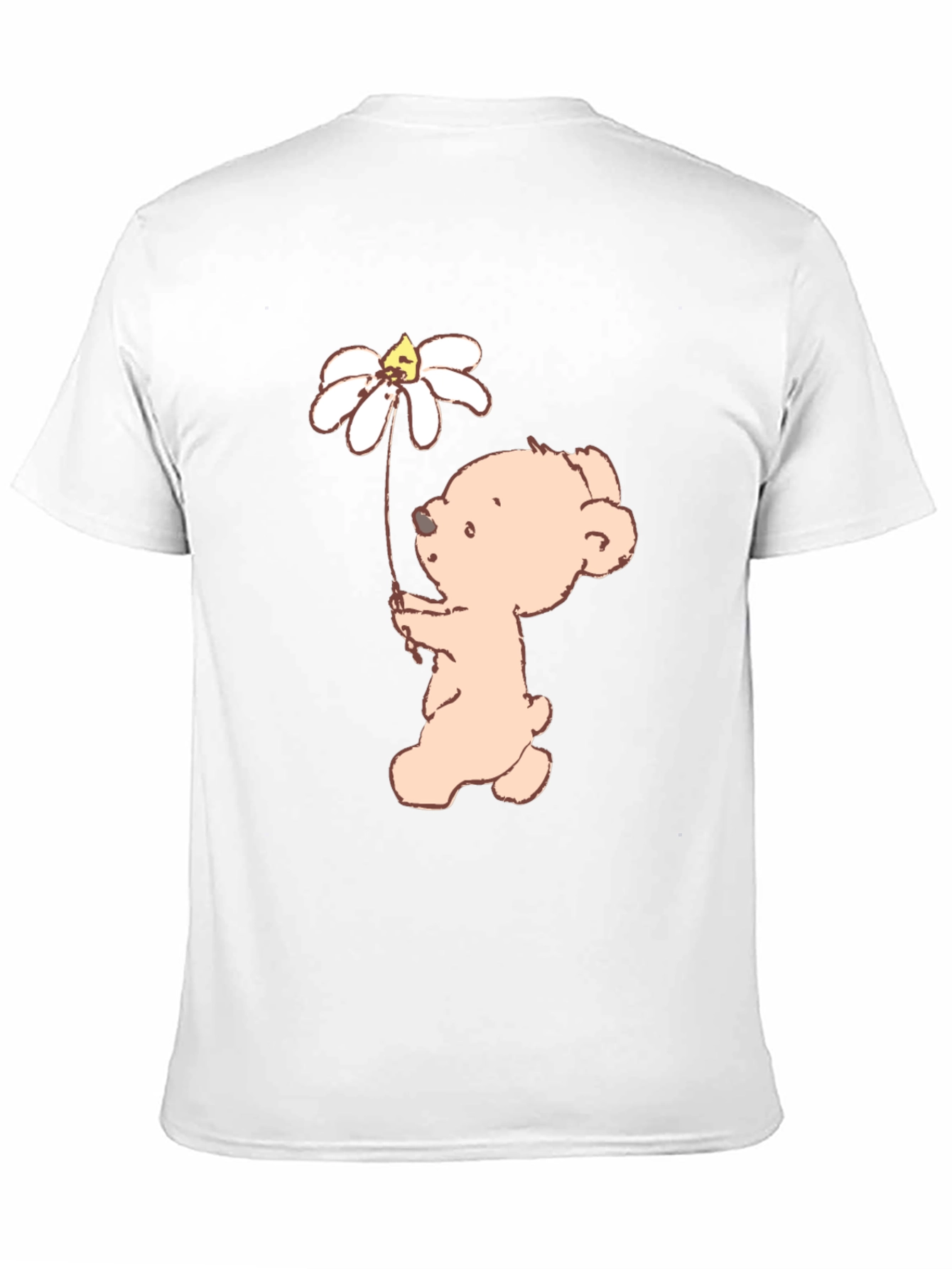 Cute Bear Holding Daisy Flower Black T-Shirt