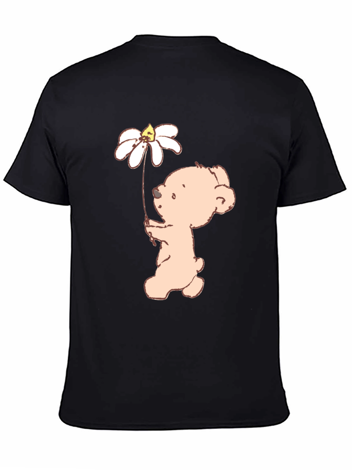 Cute Bear Holding Daisy Flower Black T-Shirt