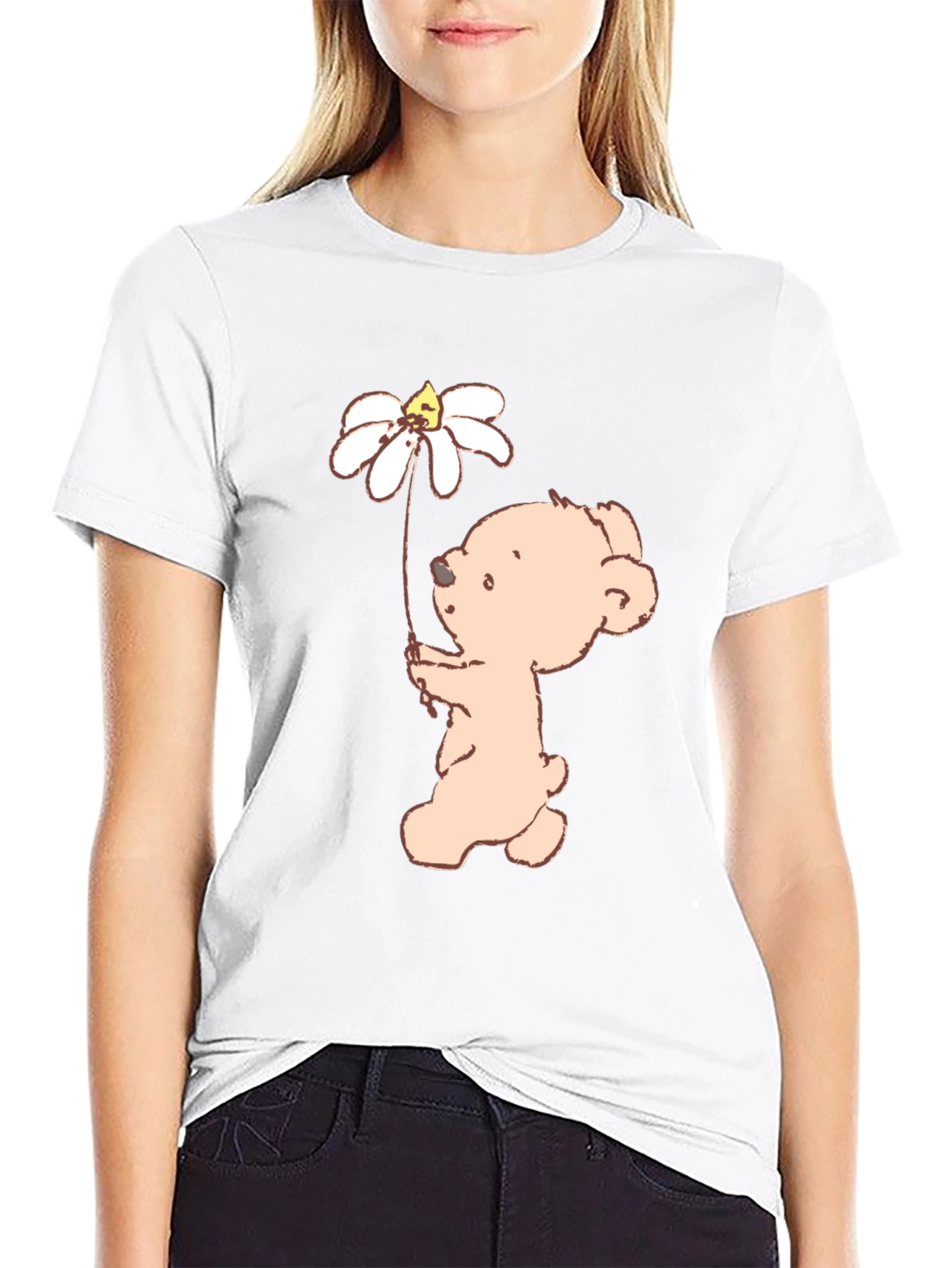 Cute Bear Holding Daisy Flower Black T-Shirt