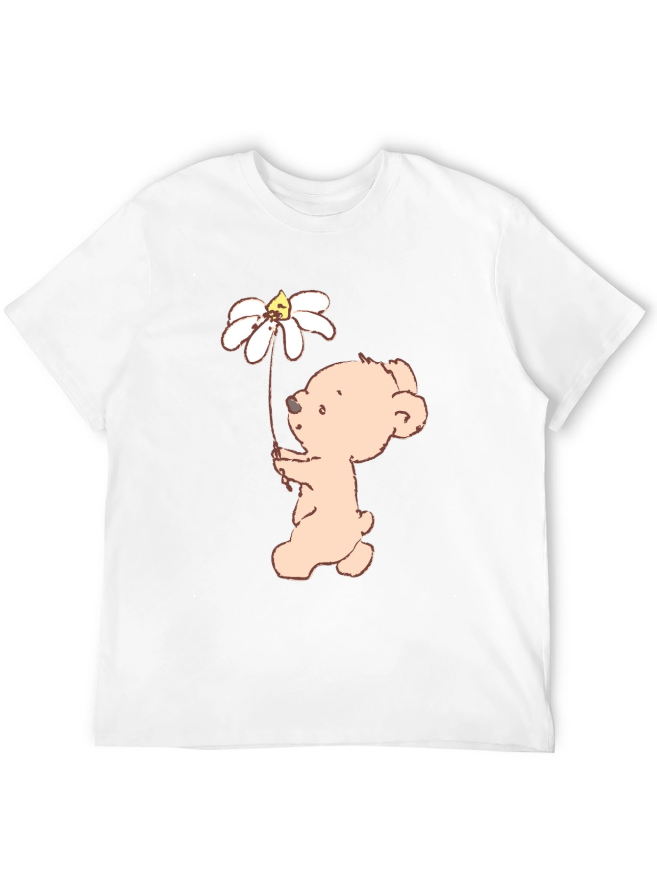 Cute Bear Holding Daisy Flower Black T-Shirt