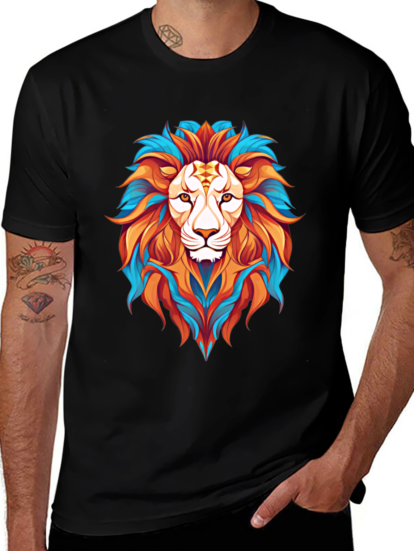 Vibrant Lion Graphic Print Mens Black T-Shirt