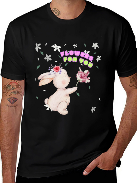 Bunny With Flowers Black T-Shirt