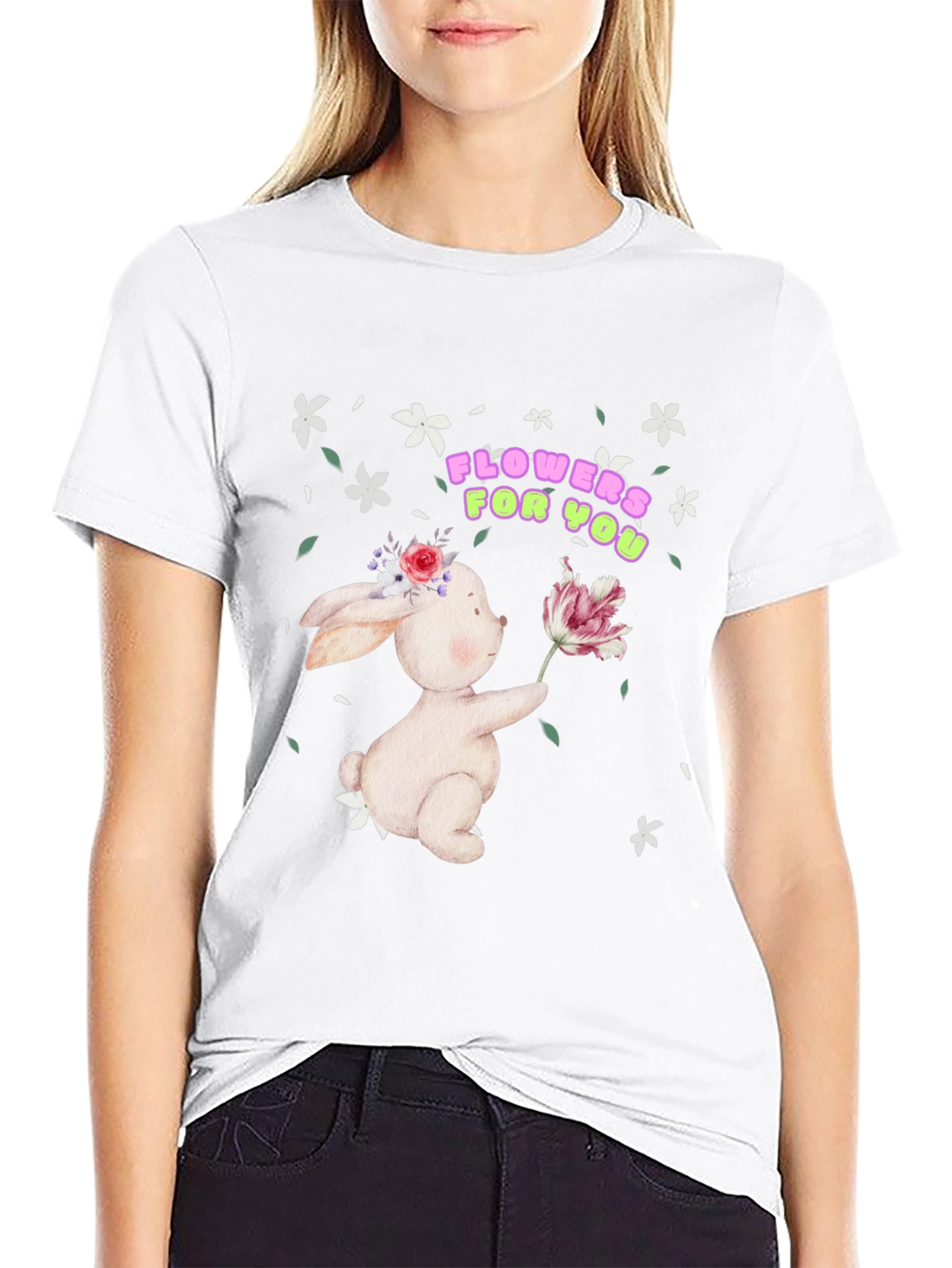 Bunny With Flowers Black T-Shirt