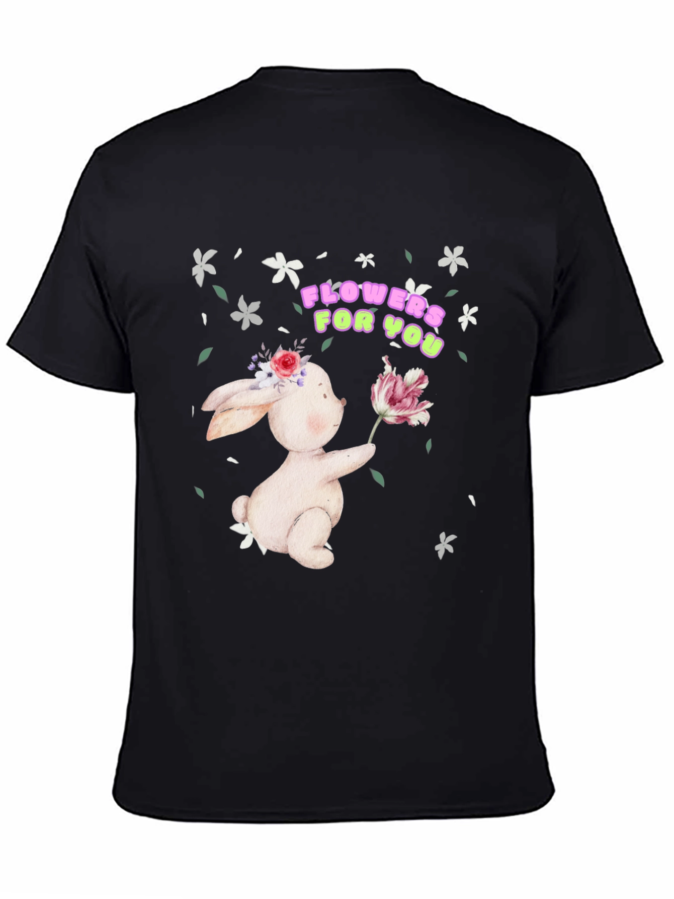 Bunny With Flowers Black T-Shirt