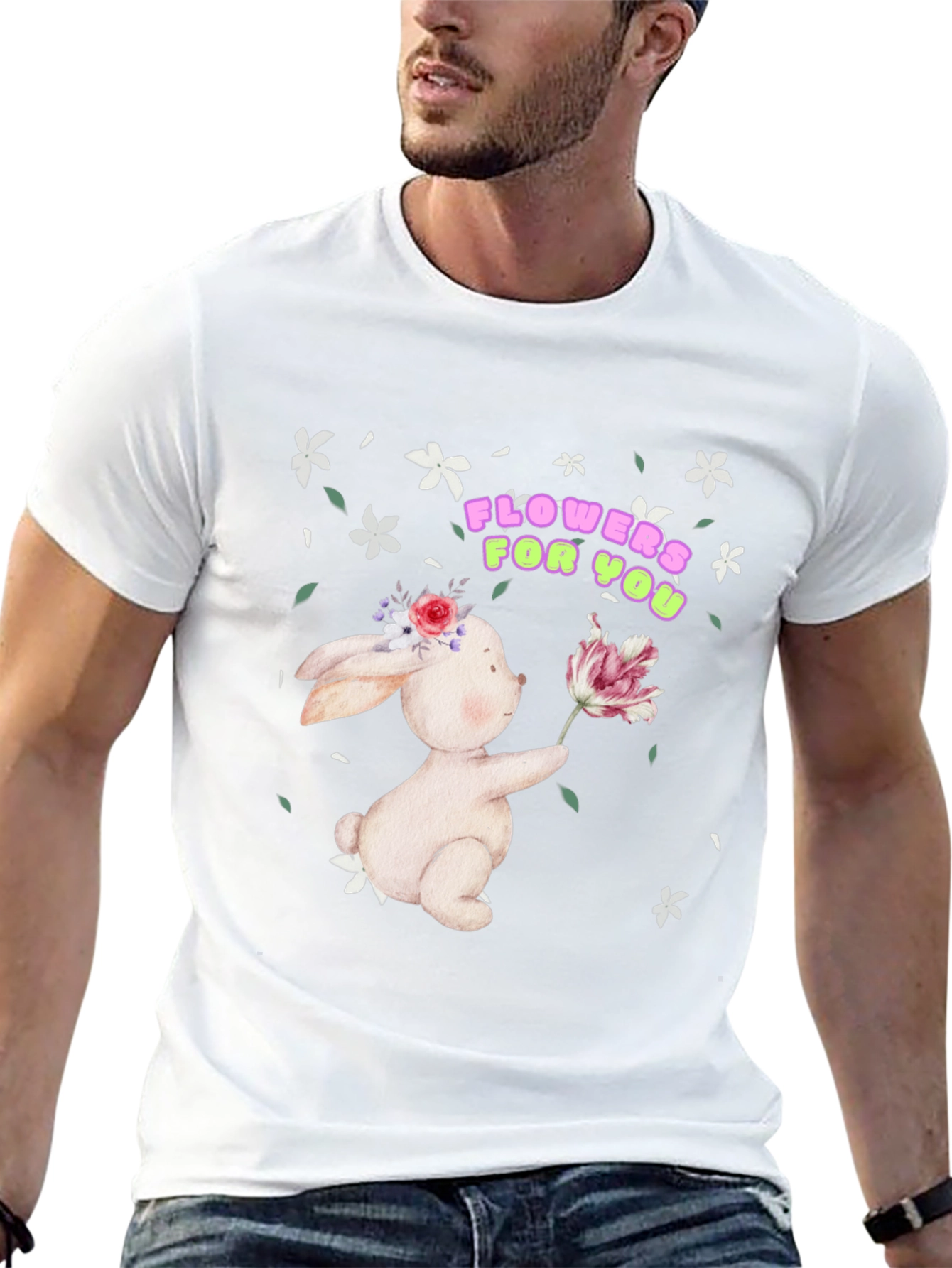 Bunny With Flowers Black T-Shirt
