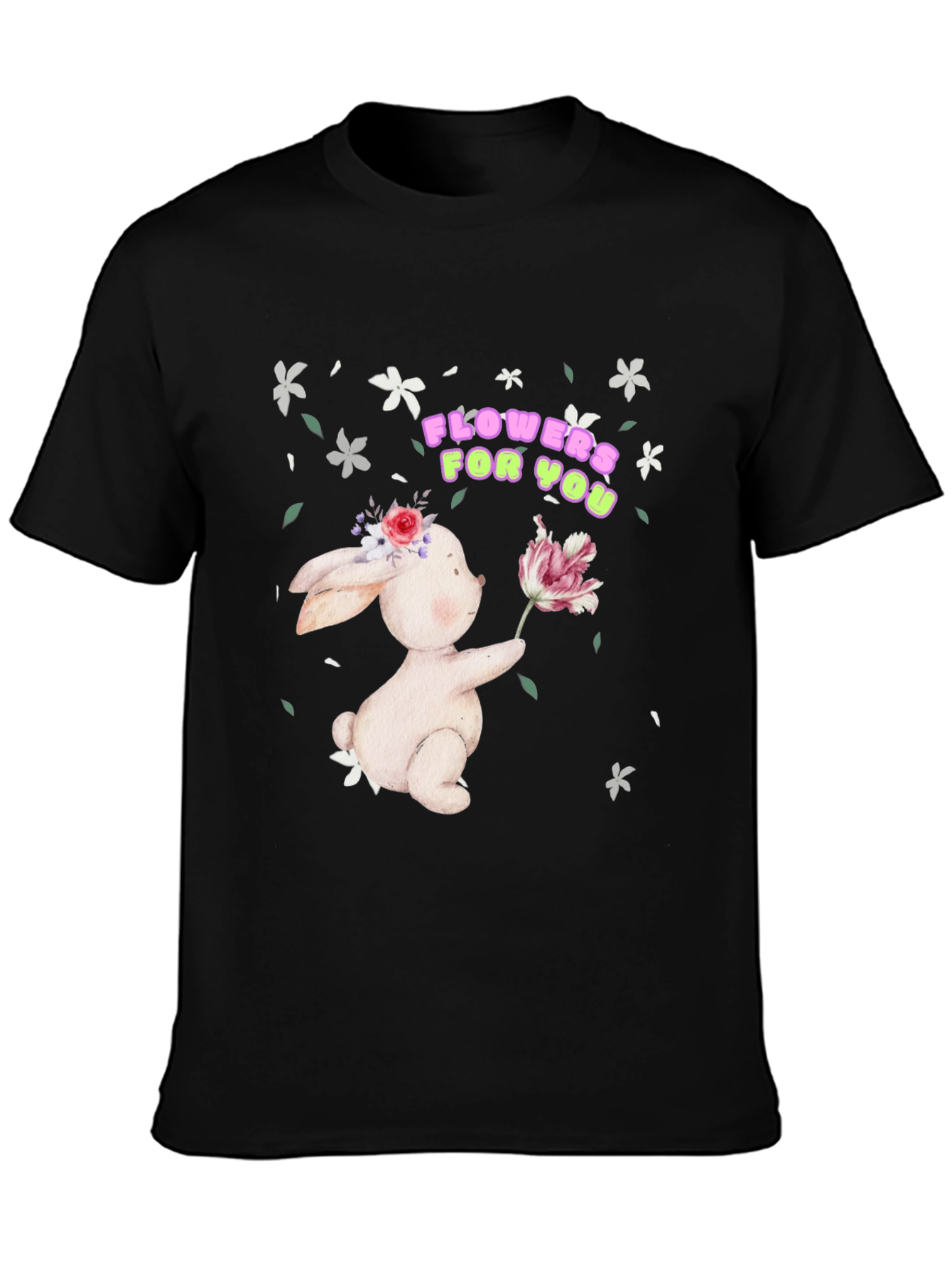 Bunny With Flowers Black T-Shirt