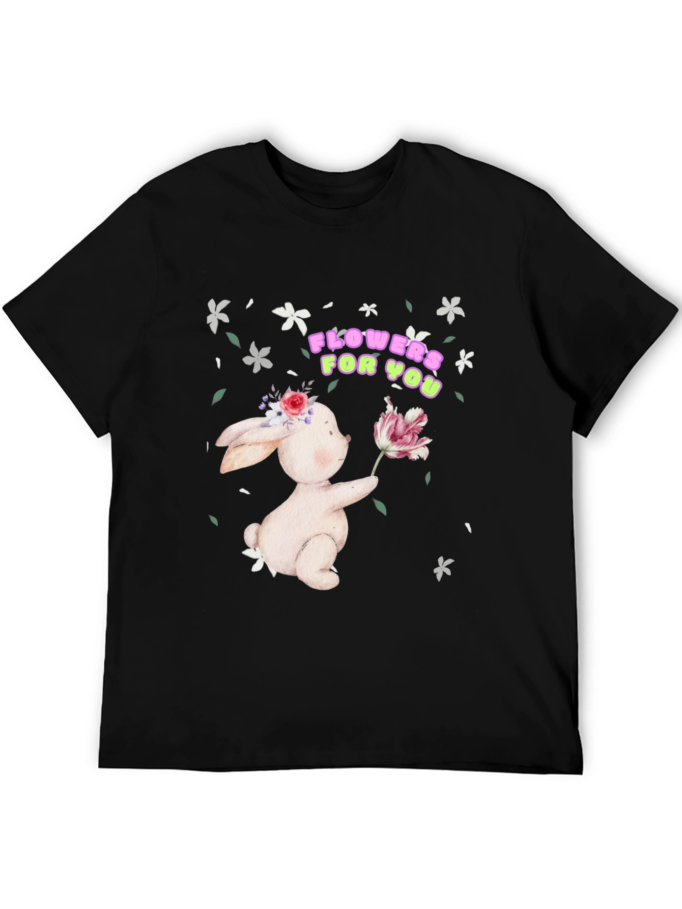 Bunny With Flowers Black T-Shirt