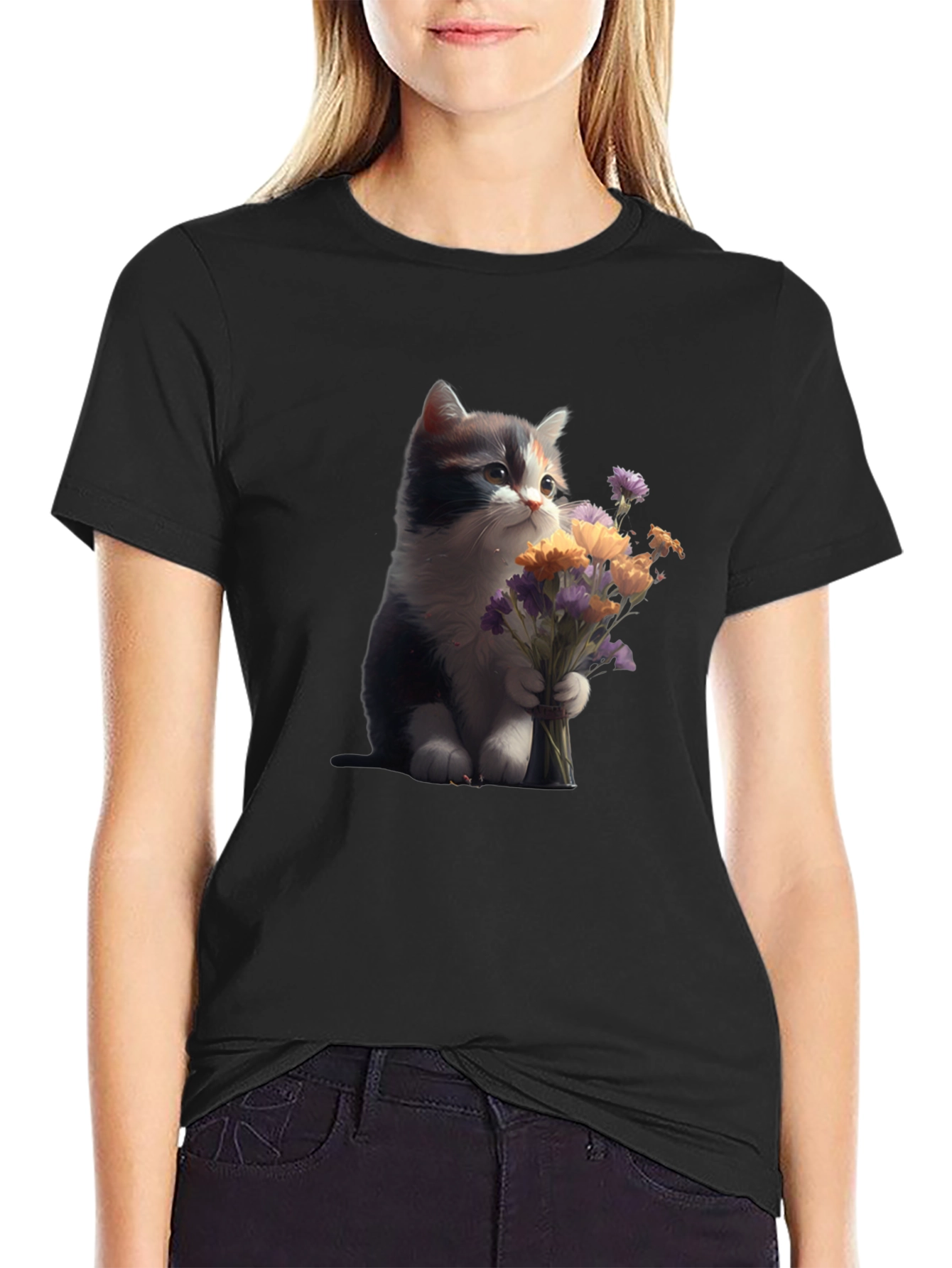 Cute Kitten with Flowers Graphic T-Shirt