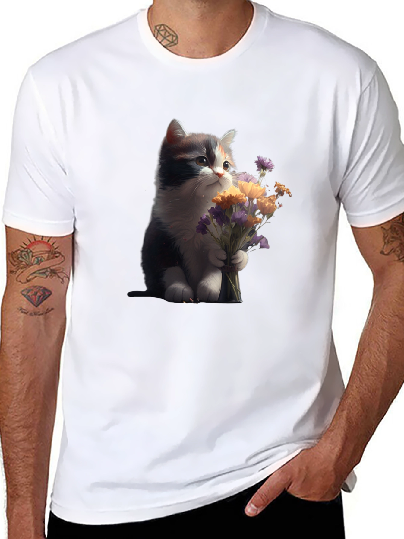 Cute Kitten with Flowers Graphic T-Shirt