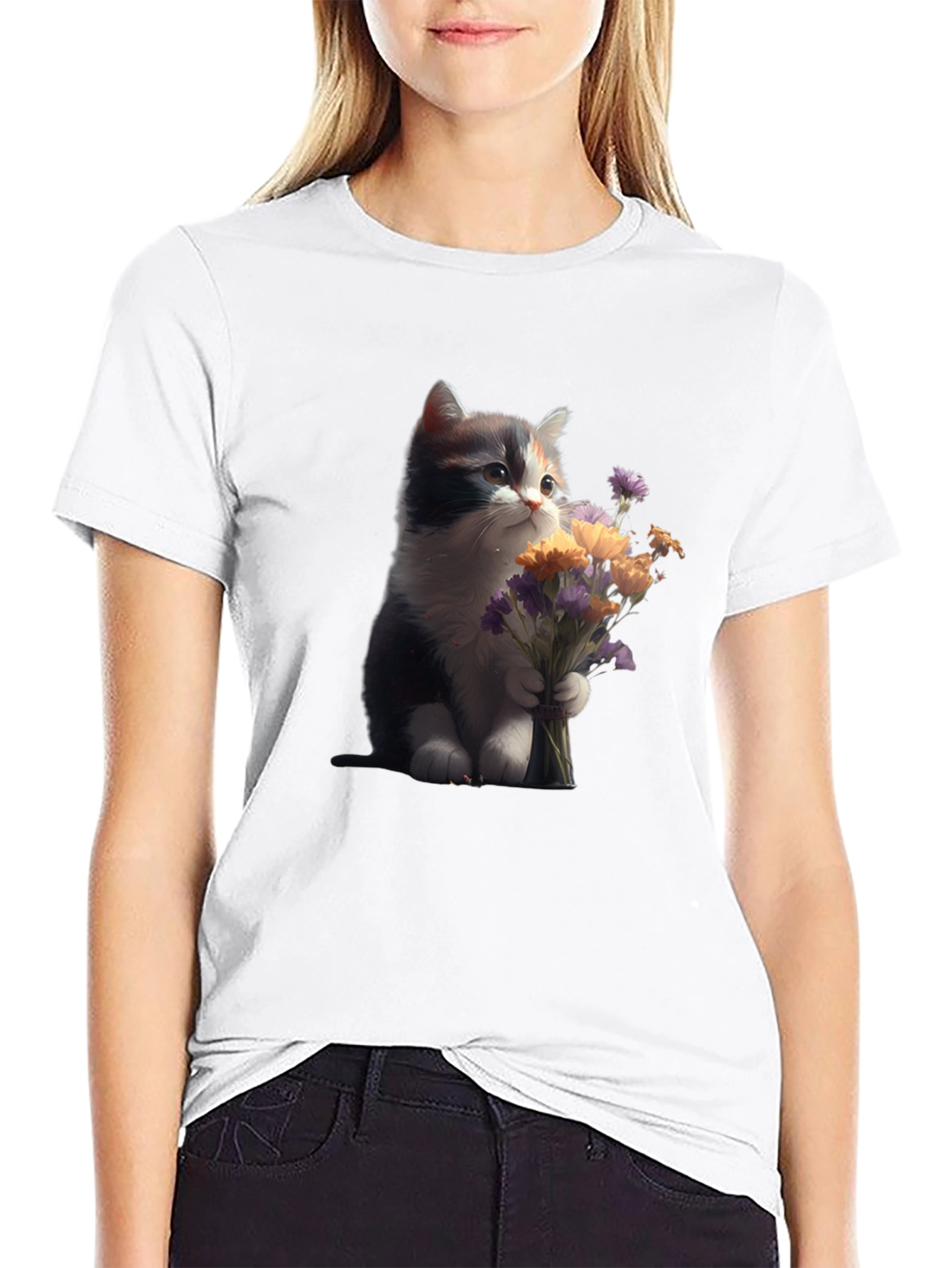 Cute Kitten with Flowers Graphic T-Shirt