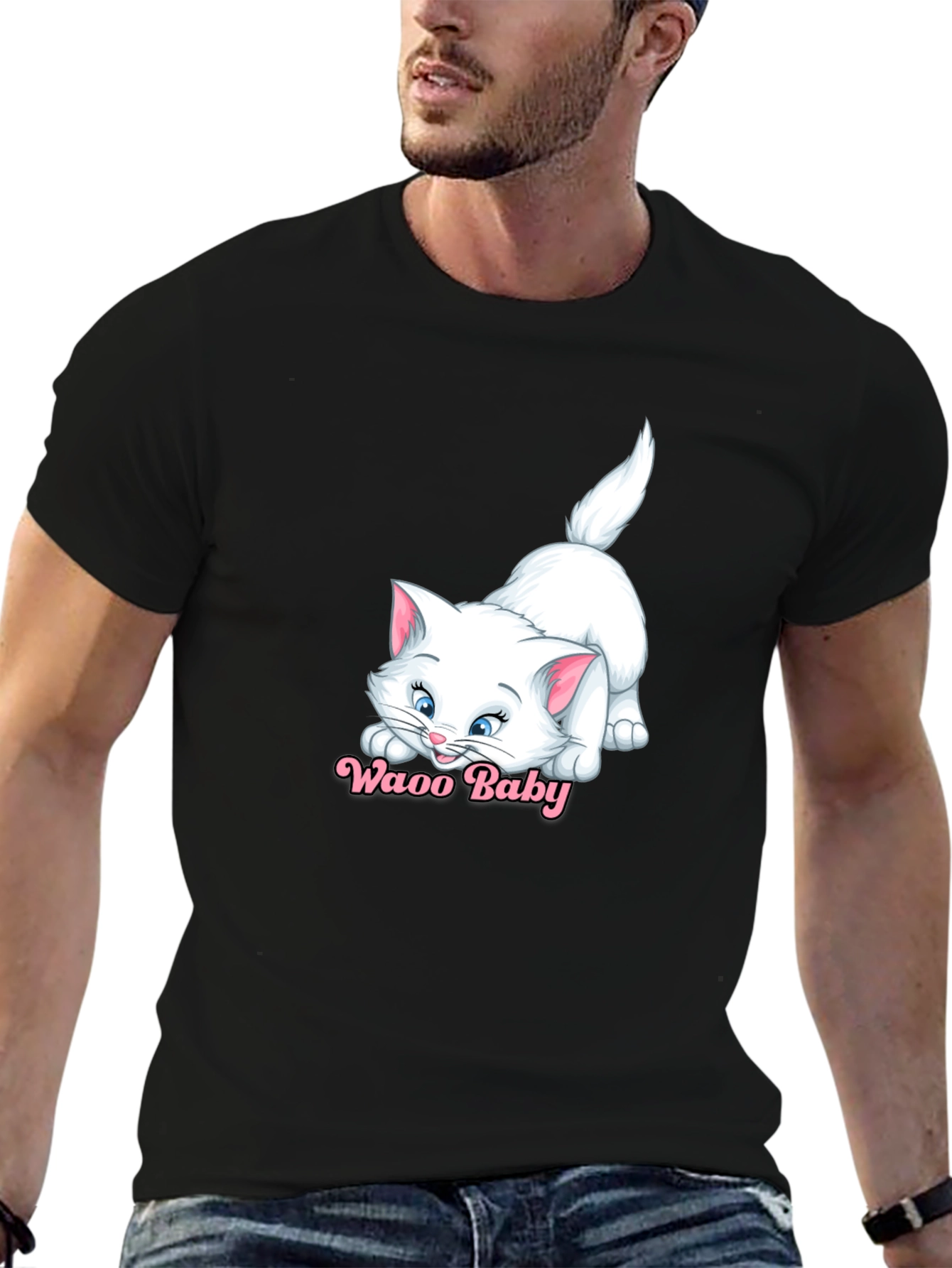 Waao Baby Cat Graphic Tee - Black