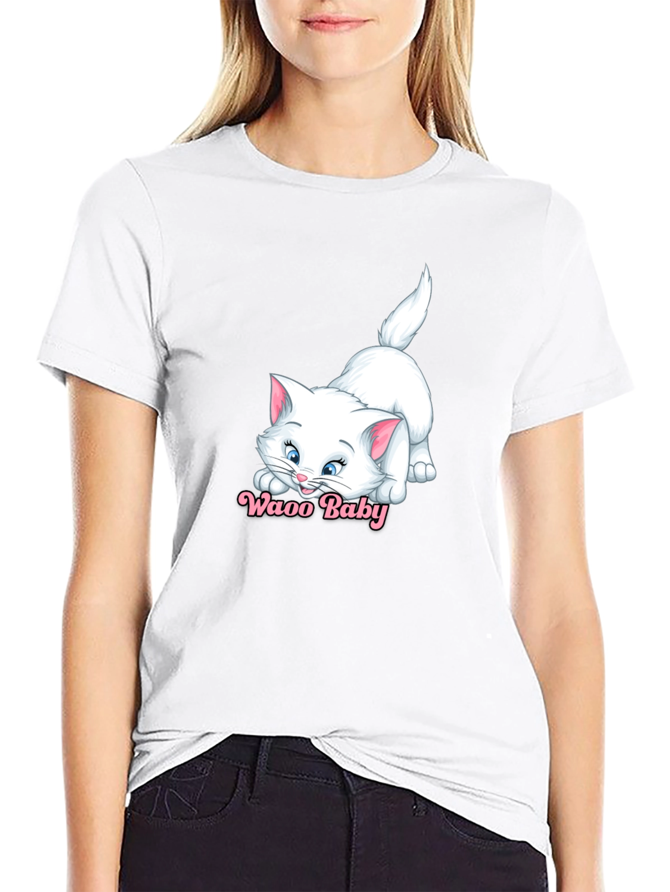 Waao Baby Cat Graphic Tee - Black