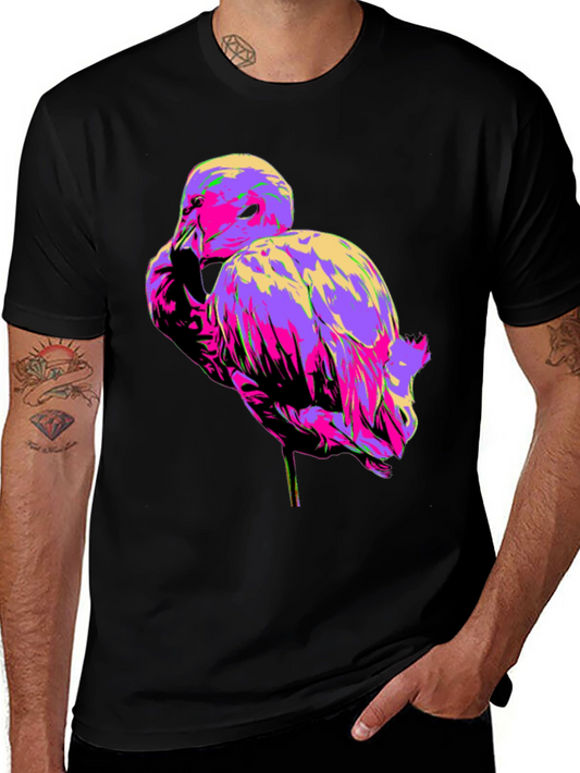 Vibrant Flamingo Graphic Tee - Black Cotton T-Shirt