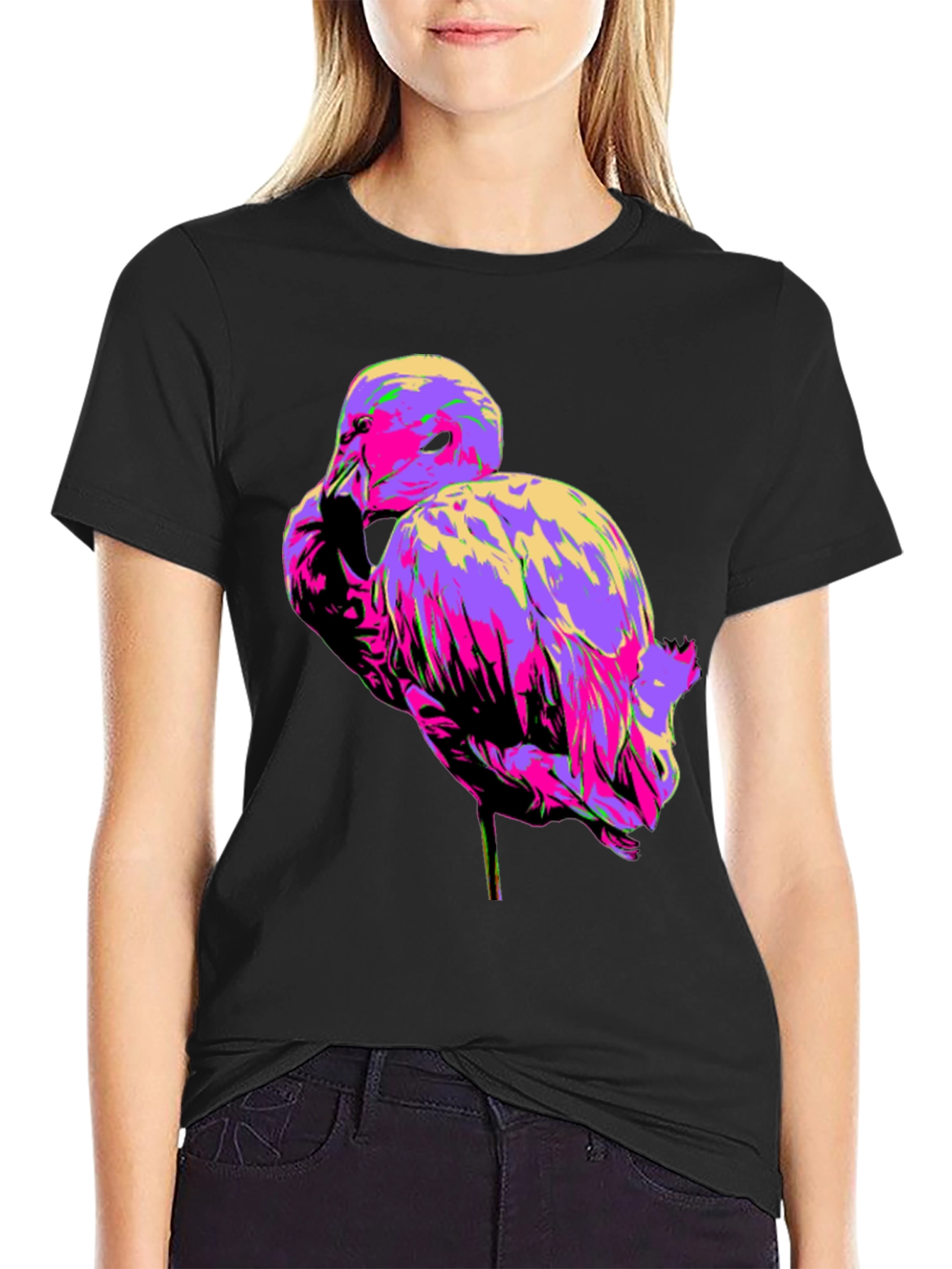 Vibrant Flamingo Graphic Tee - Black Cotton T-Shirt