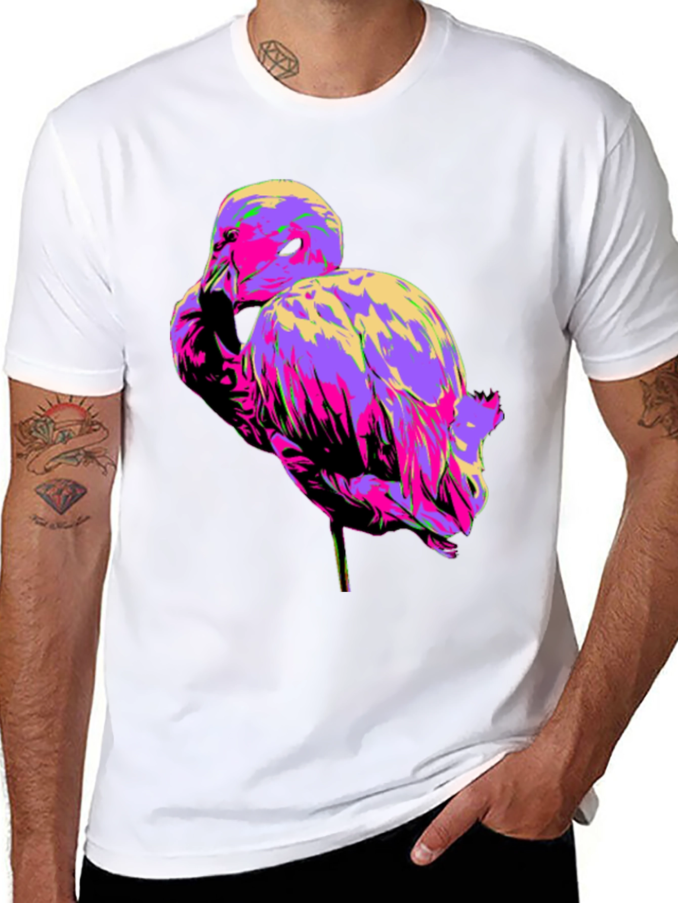 Vibrant Flamingo Graphic Tee - Black Cotton T-Shirt