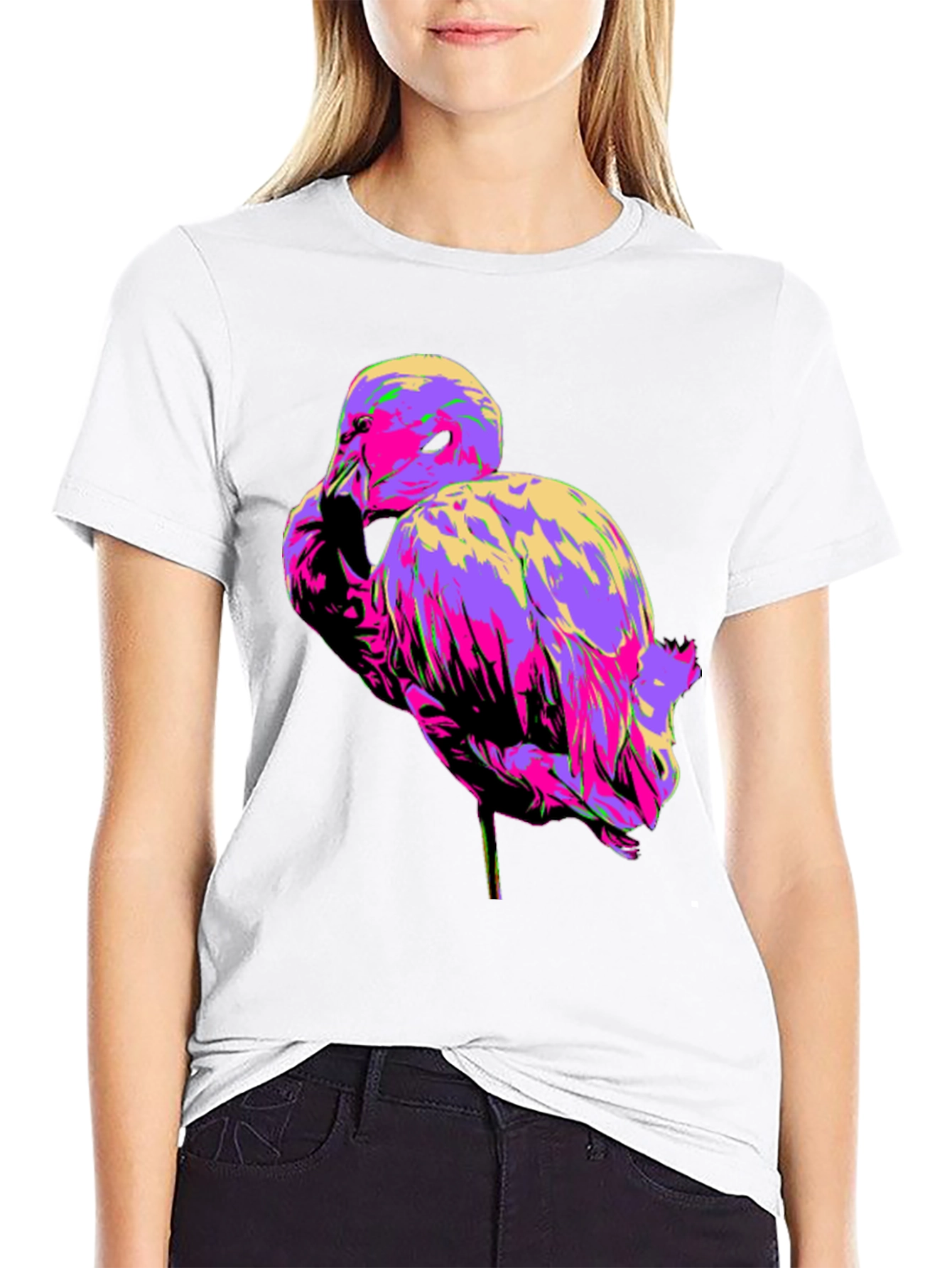 Vibrant Flamingo Graphic Tee - Black Cotton T-Shirt