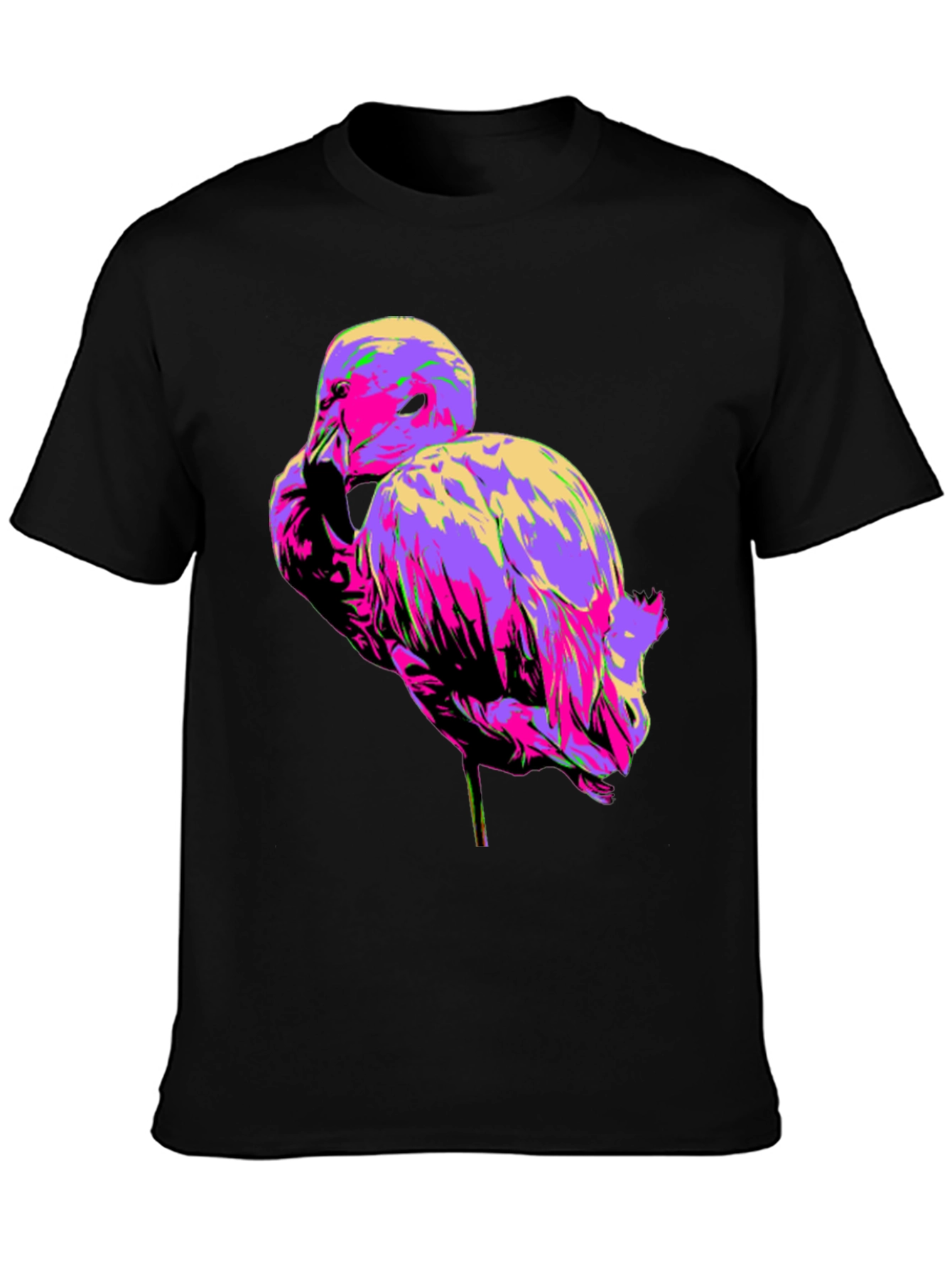Vibrant Flamingo Graphic Tee - Black Cotton T-Shirt