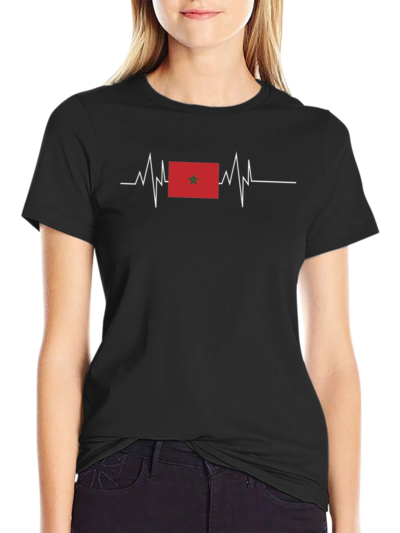Morocco Flag Heartbeat T-Shirt - Black