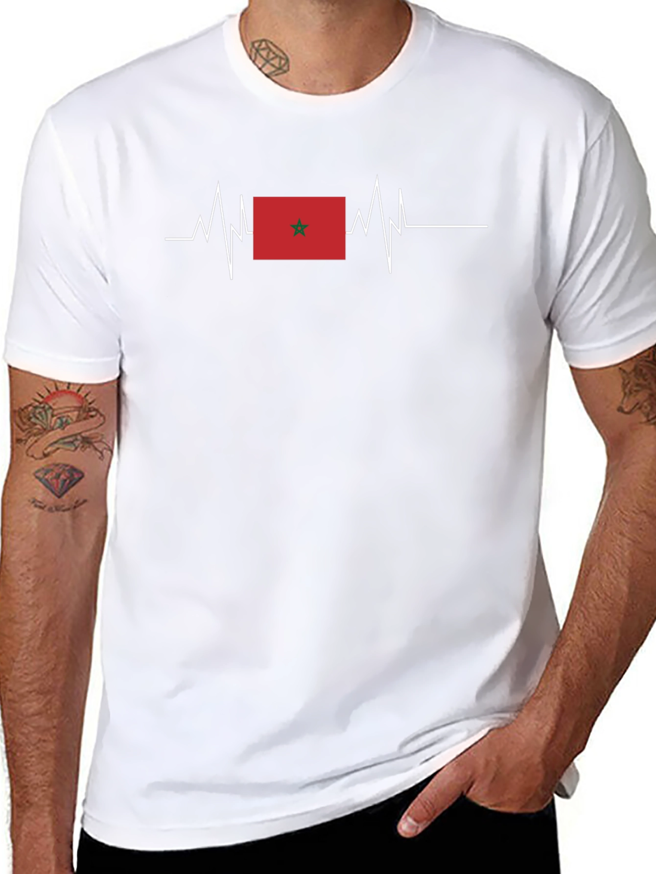 Morocco Flag Heartbeat T-Shirt - Black