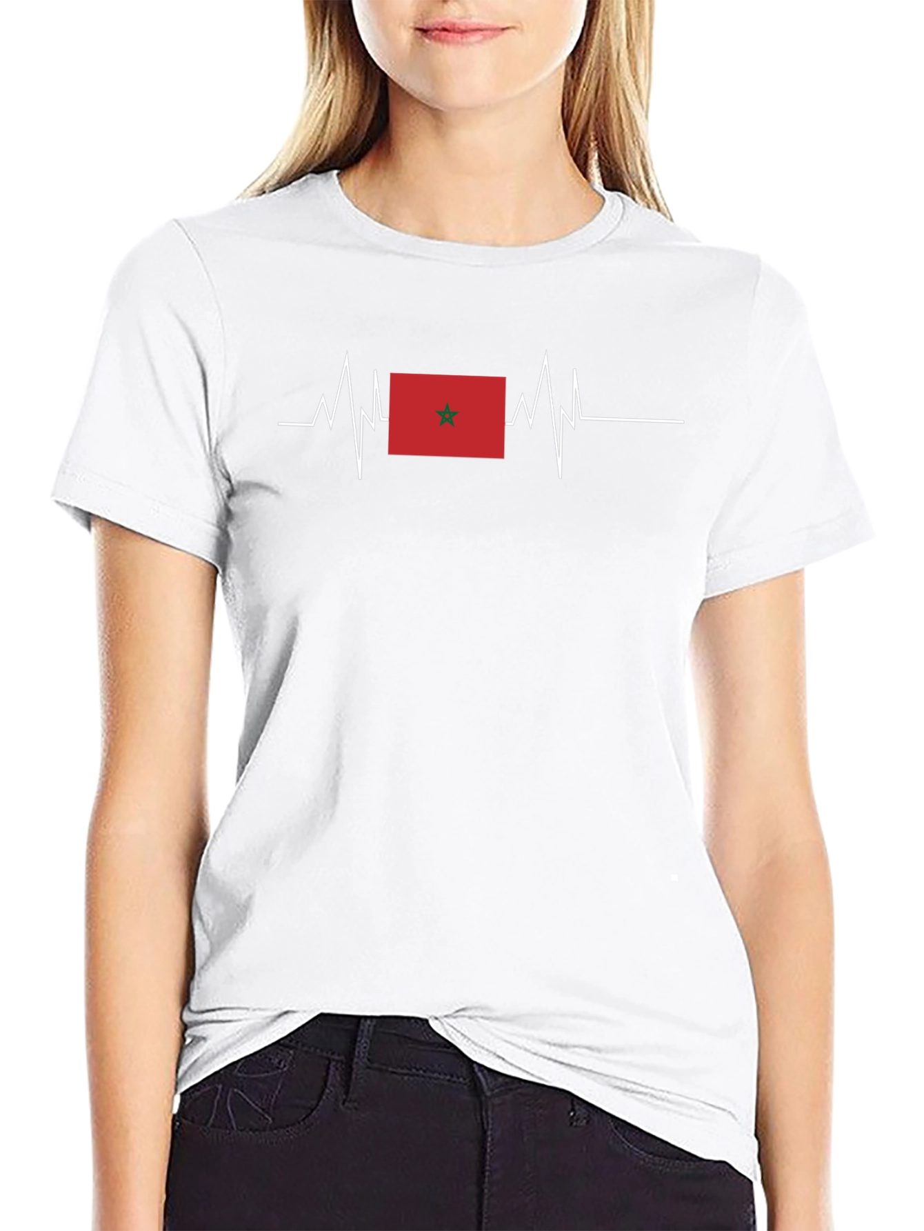 Morocco Flag Heartbeat T-Shirt - Black