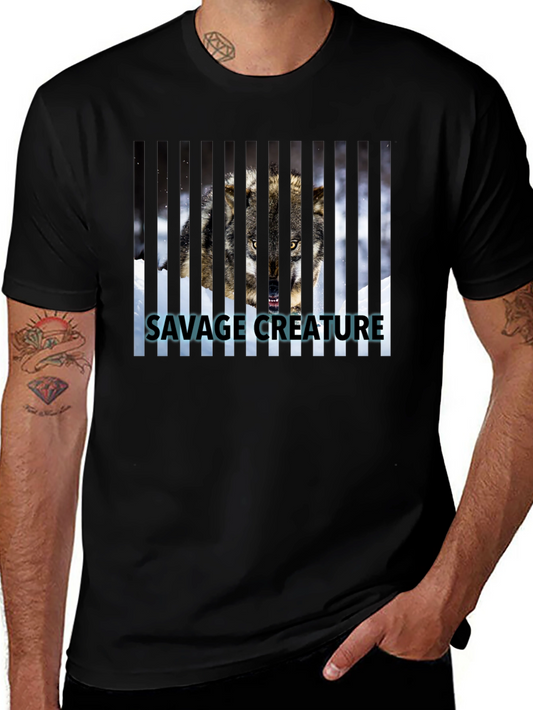 Savage Creature Wolf Graphic Print Black T-Shirt