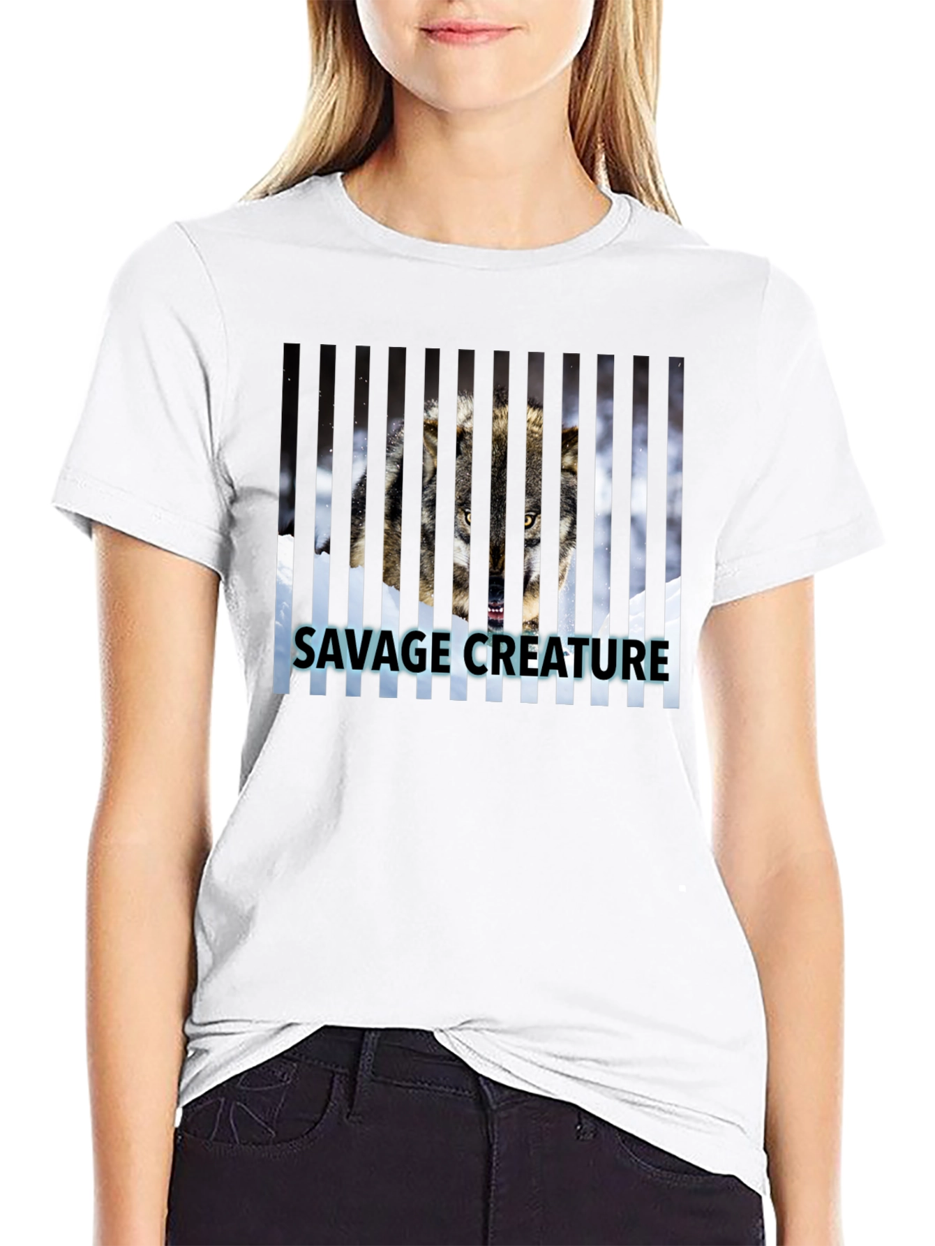 Savage Creature Wolf Graphic Print Black T-Shirt