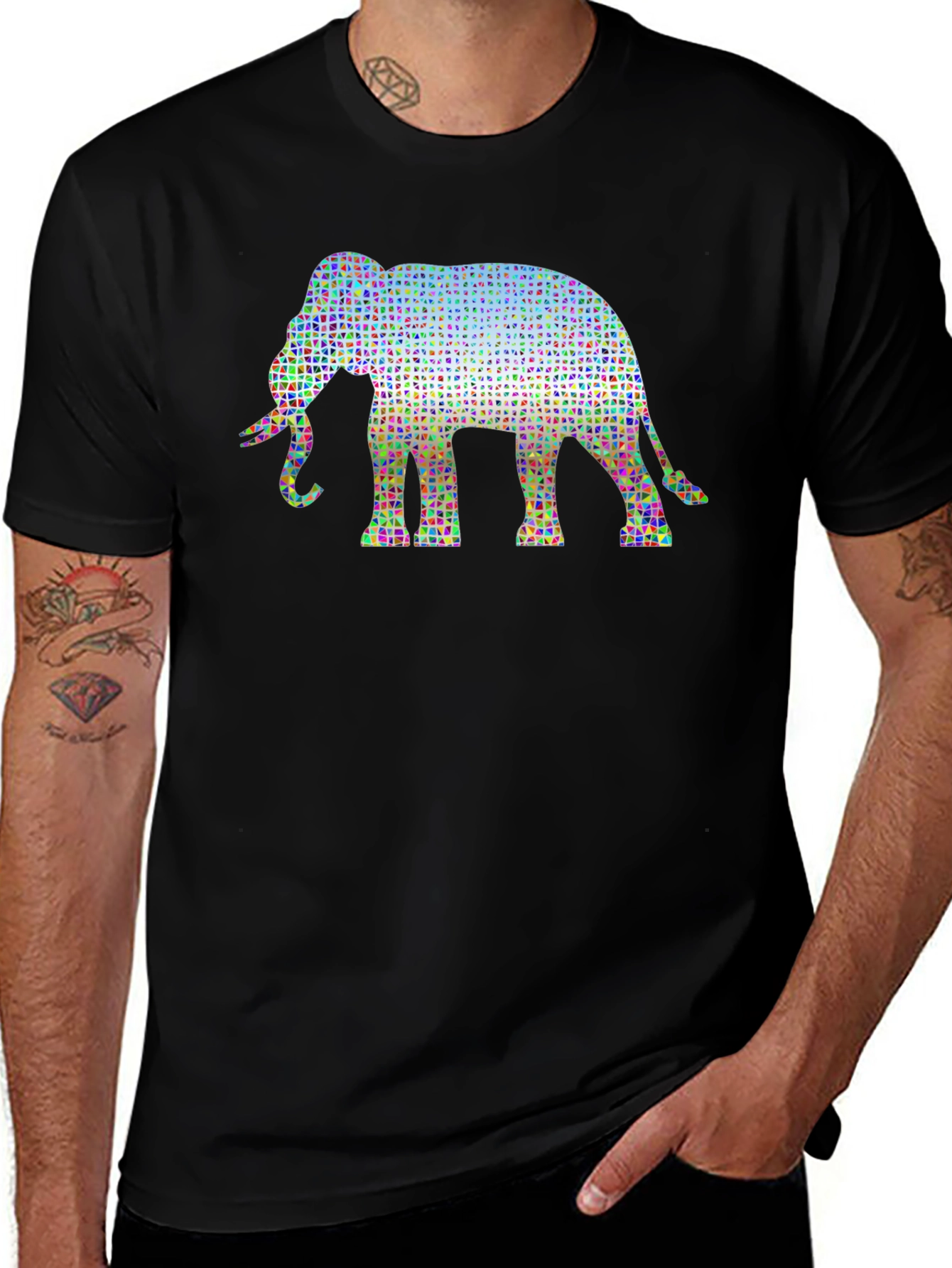 Geometric Elephant Print Black T-Shirt