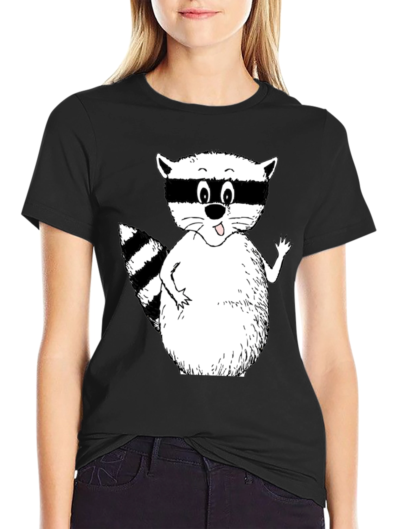 Cartoon Raccoon Black T-Shirt