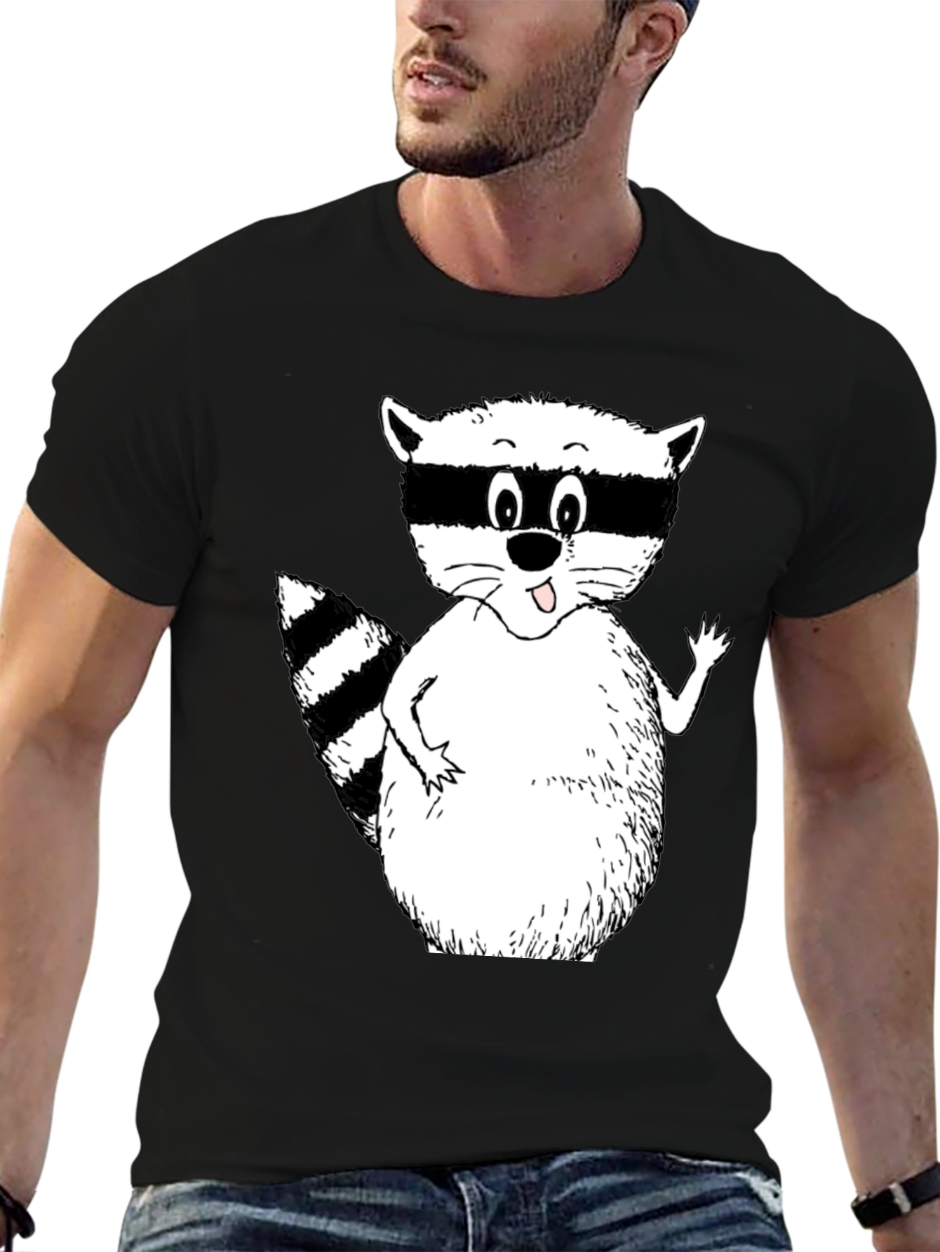 Cartoon Raccoon Black T-Shirt