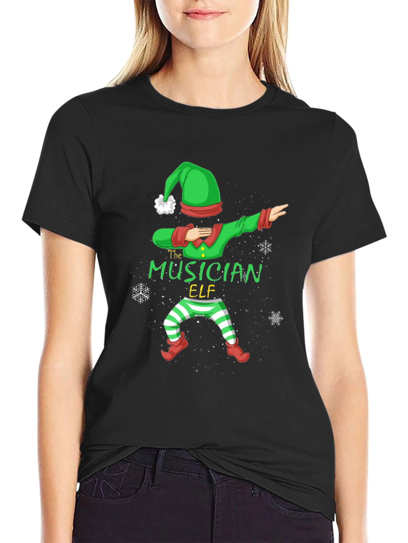 Musician Elf Dabbing Christmas Tee - Black Cotton Shirt