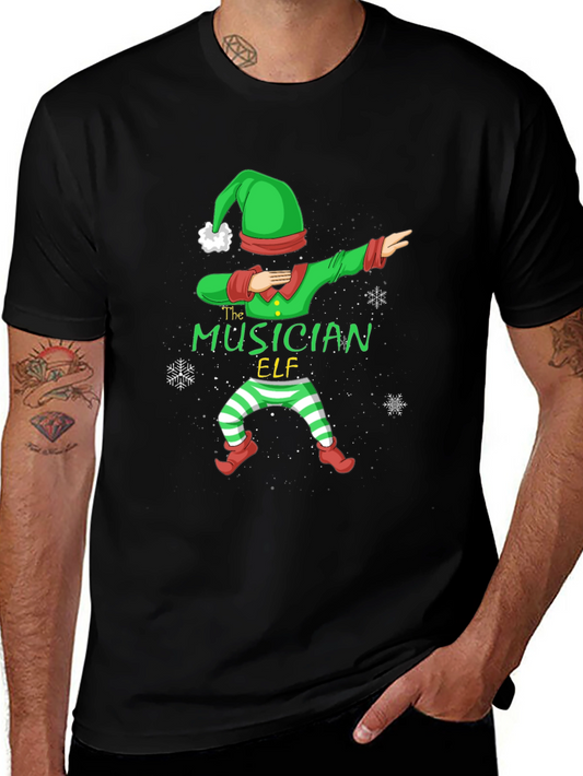 Musician Elf Dabbing Christmas Tee - Black Cotton Shirt
