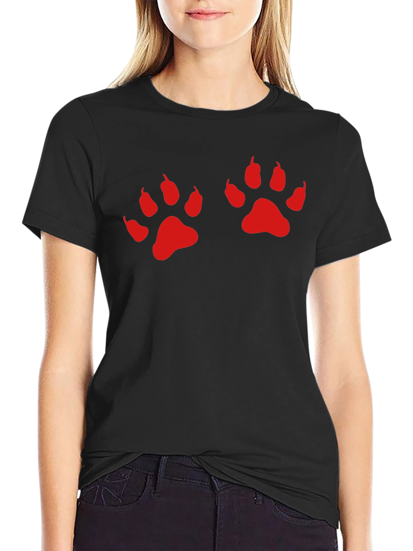Black Tee with Red Paw Prints