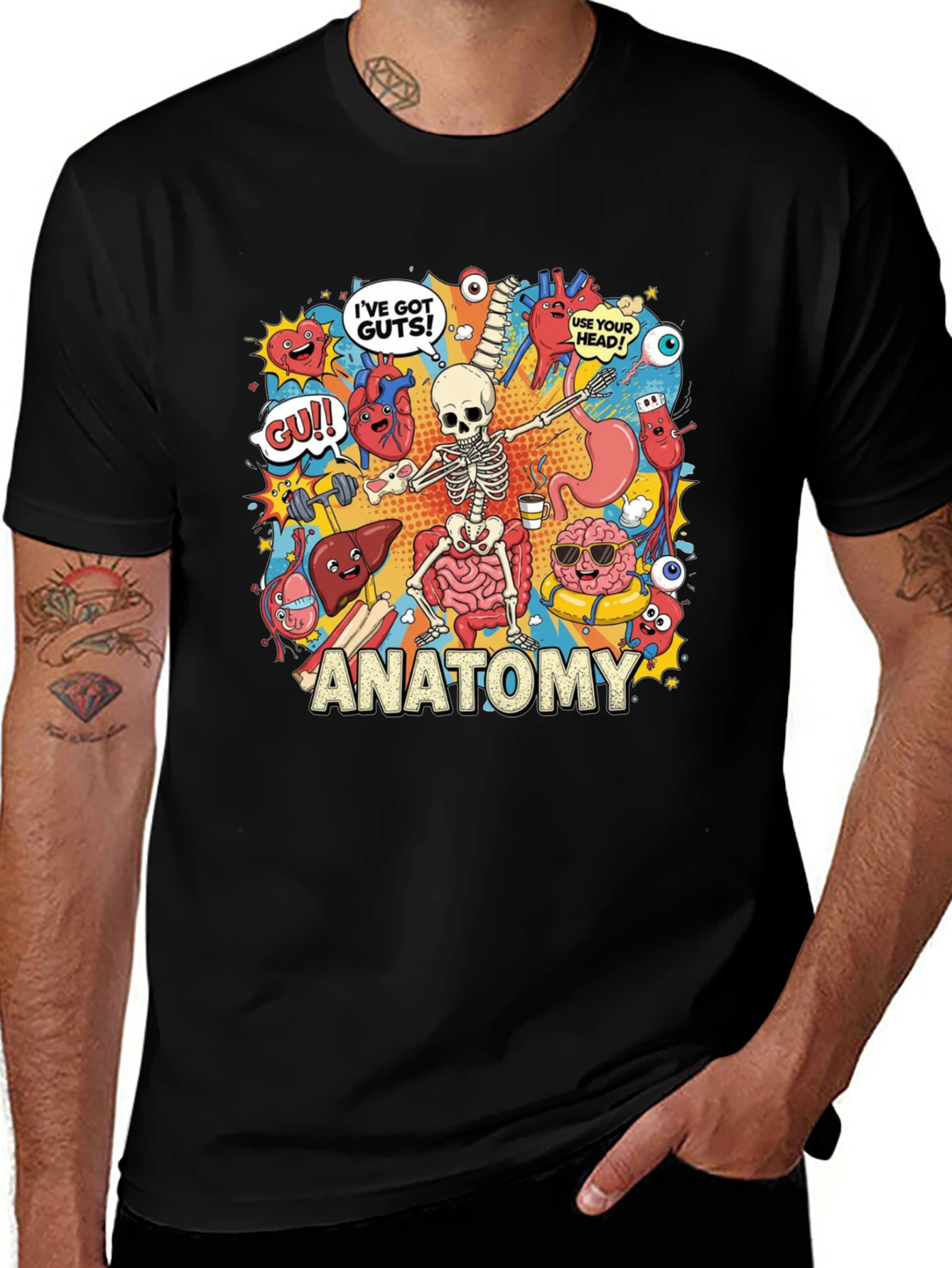 Anatomy Cartoon Graphic Print Black T-Shirt