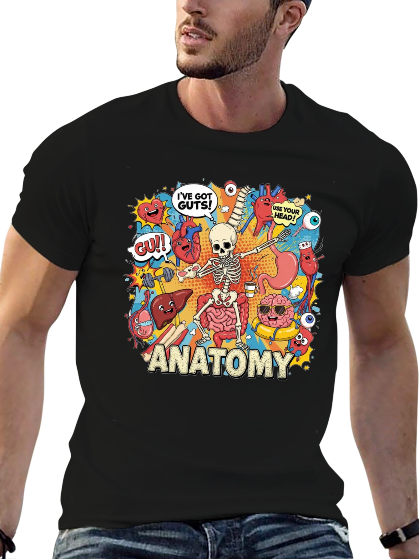Anatomy Cartoon Graphic Print Black T-Shirt
