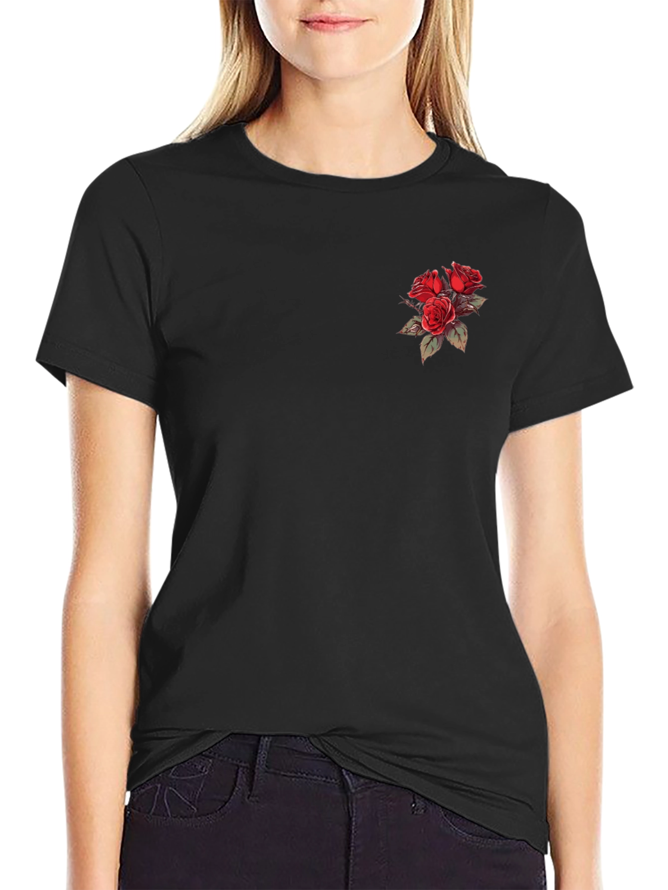 Black T-Shirt with Rose Bouquet Design