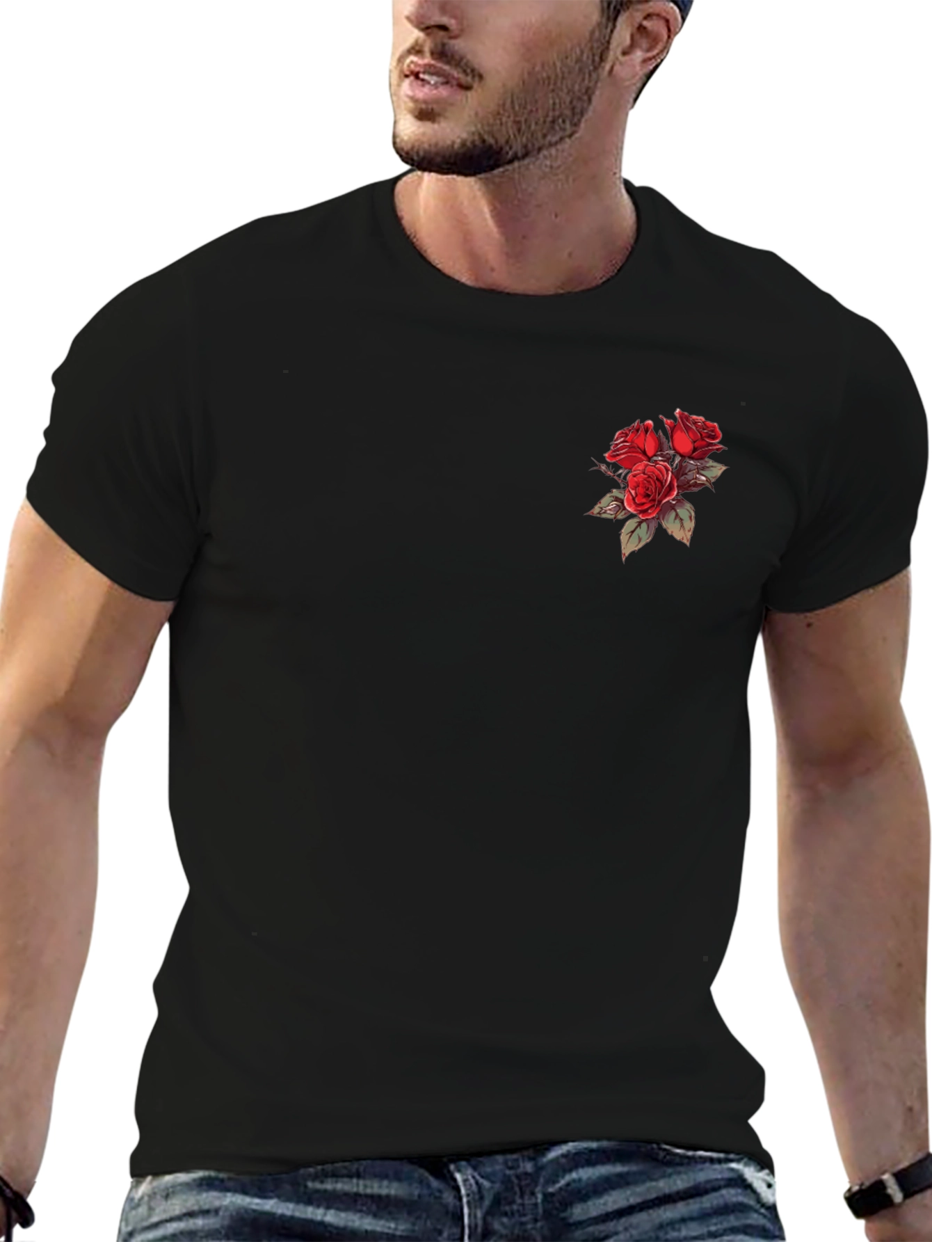 Black T-Shirt with Rose Bouquet Design