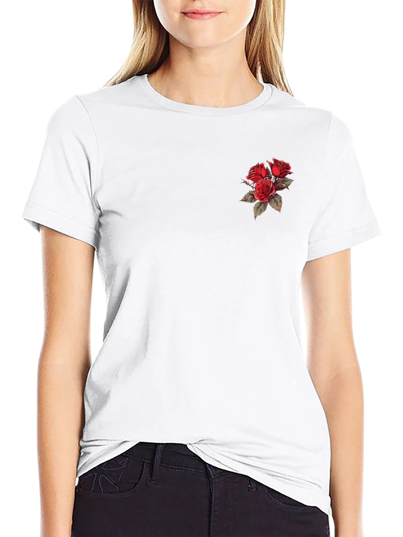 Black T-Shirt with Rose Bouquet Design