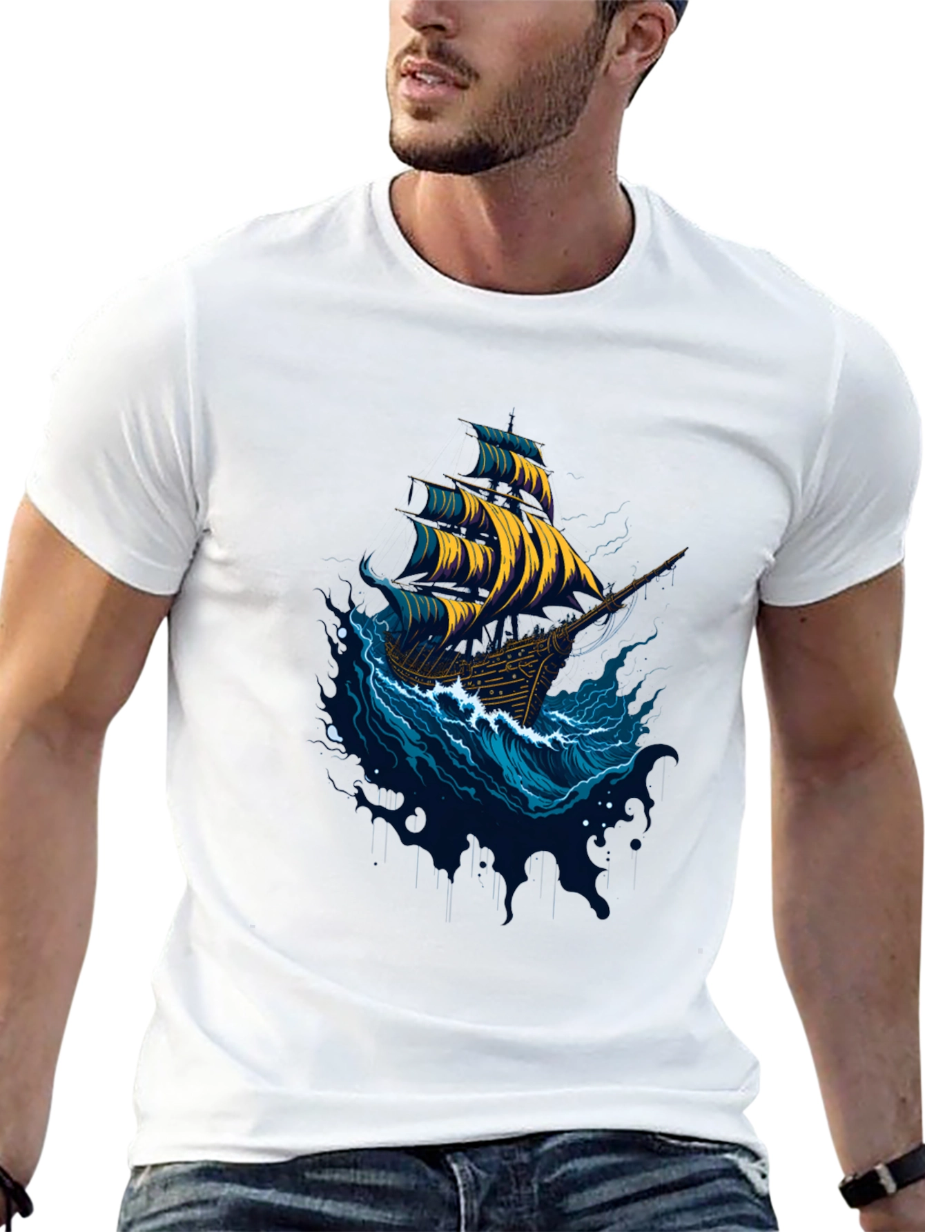 Nautical Ship Graphic Tee - Black Cotton T-Shirt