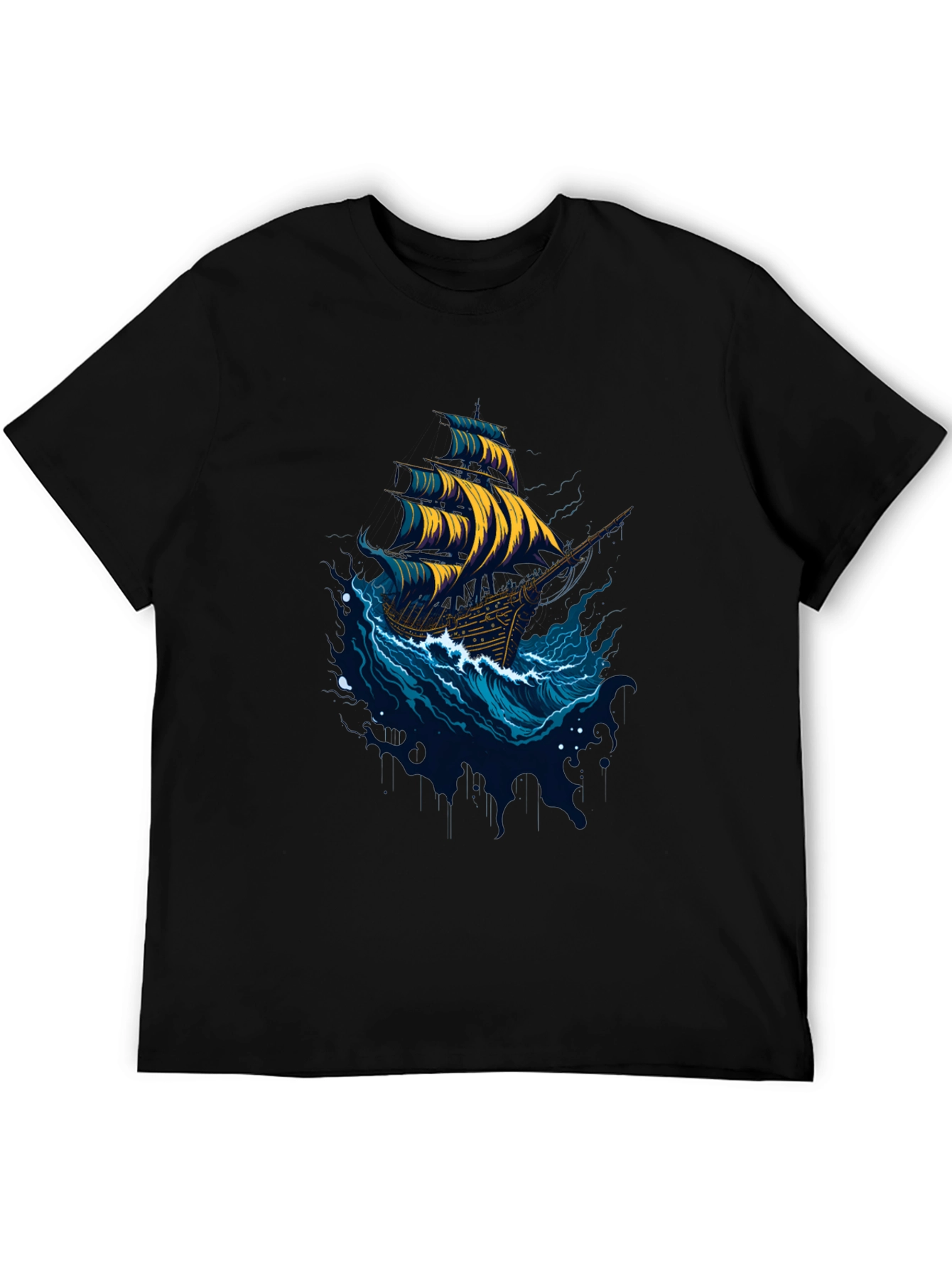 Nautical Ship Graphic Tee - Black Cotton T-Shirt
