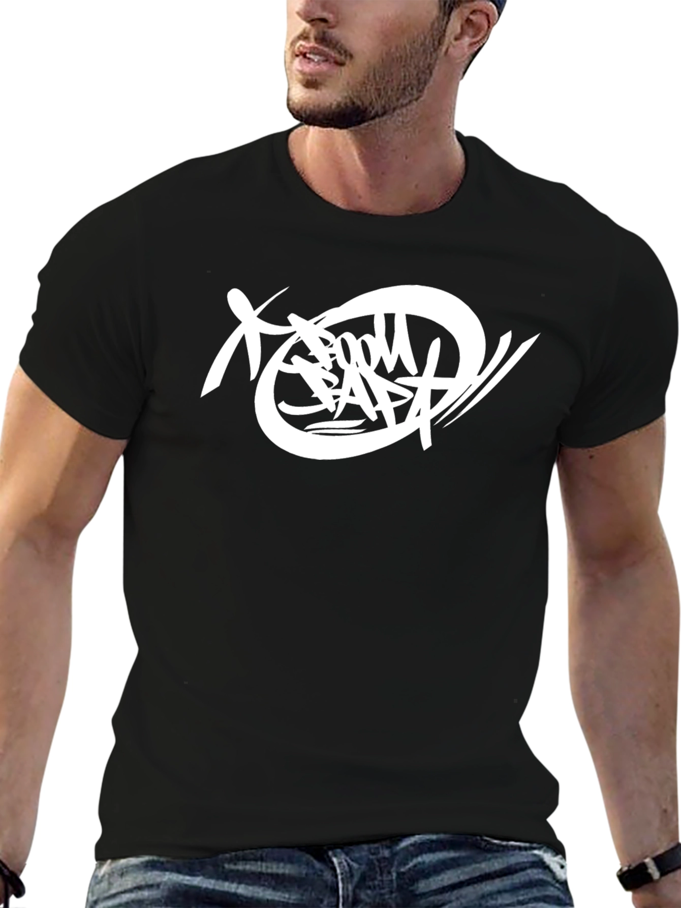 Graphic Tee: Black T-Shirt with White Abstract Design
