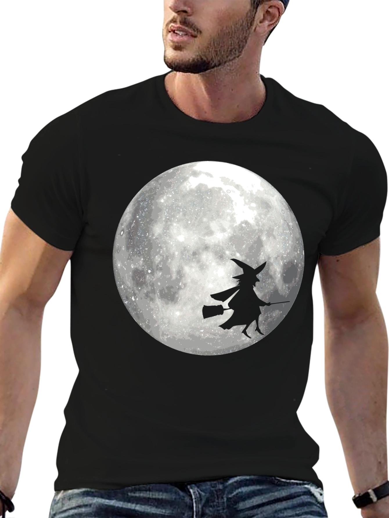 Halloween Witch on Moon Black T-Shirt