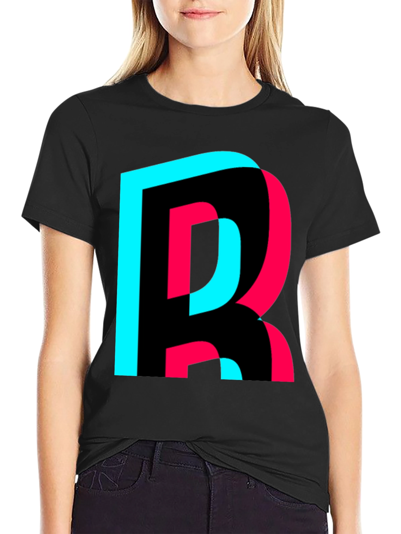 Trendy Letter R Graphic Tee - Black