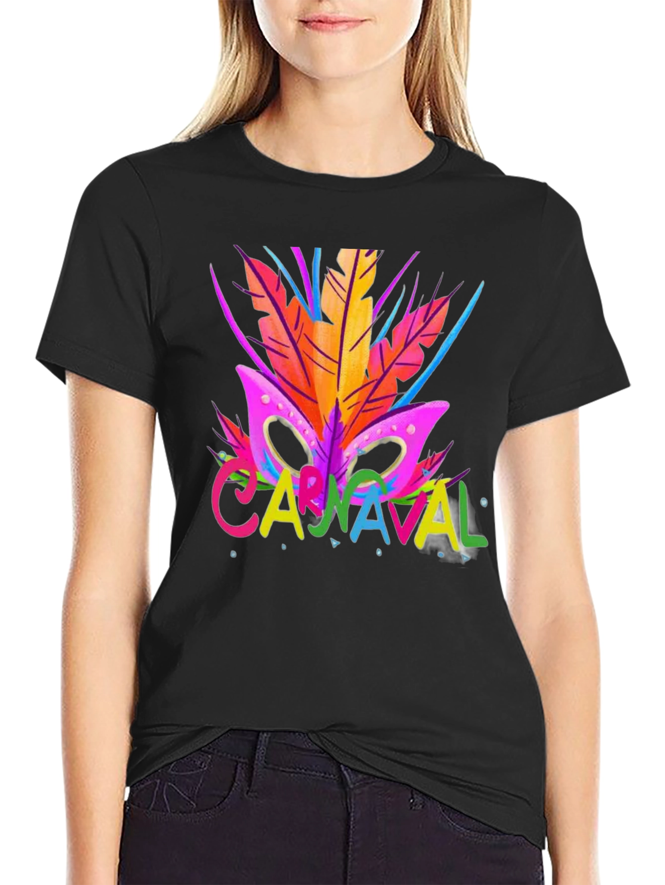 Carnaval T-Shirt - Vibrant Mask & Feathers Design