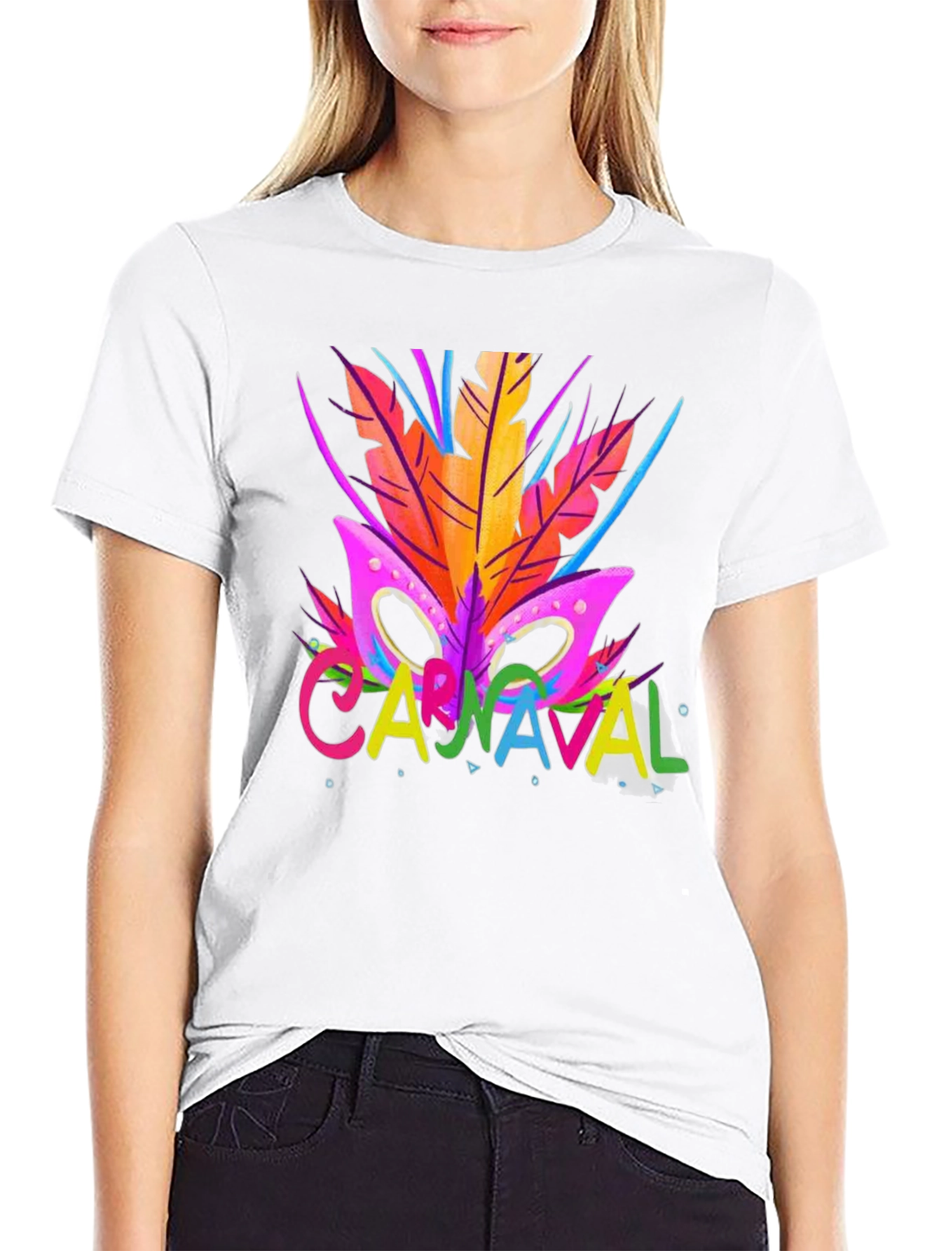 Carnaval T-Shirt - Vibrant Mask & Feathers Design