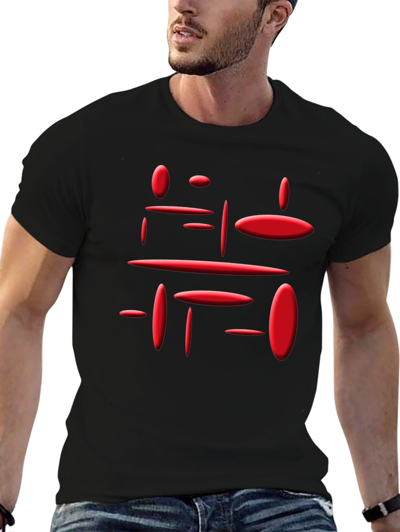 Modern Geometric Red Print Black T-Shirt