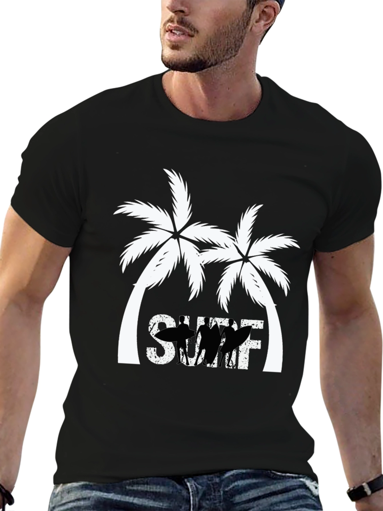 Surf Palm Tree Graphic T-Shirt - Black